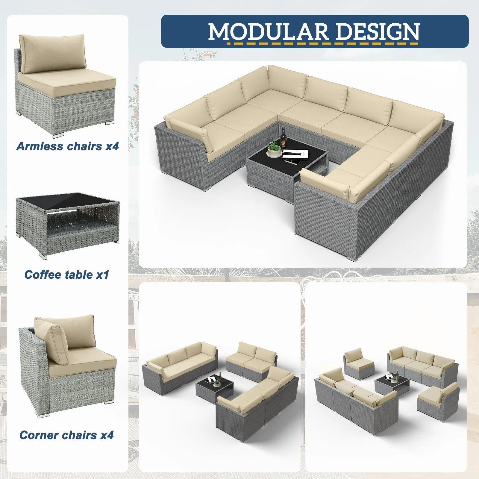 9 Piece Outdoor Wicker Patio Furniture Set with Coffee Table for 8 People