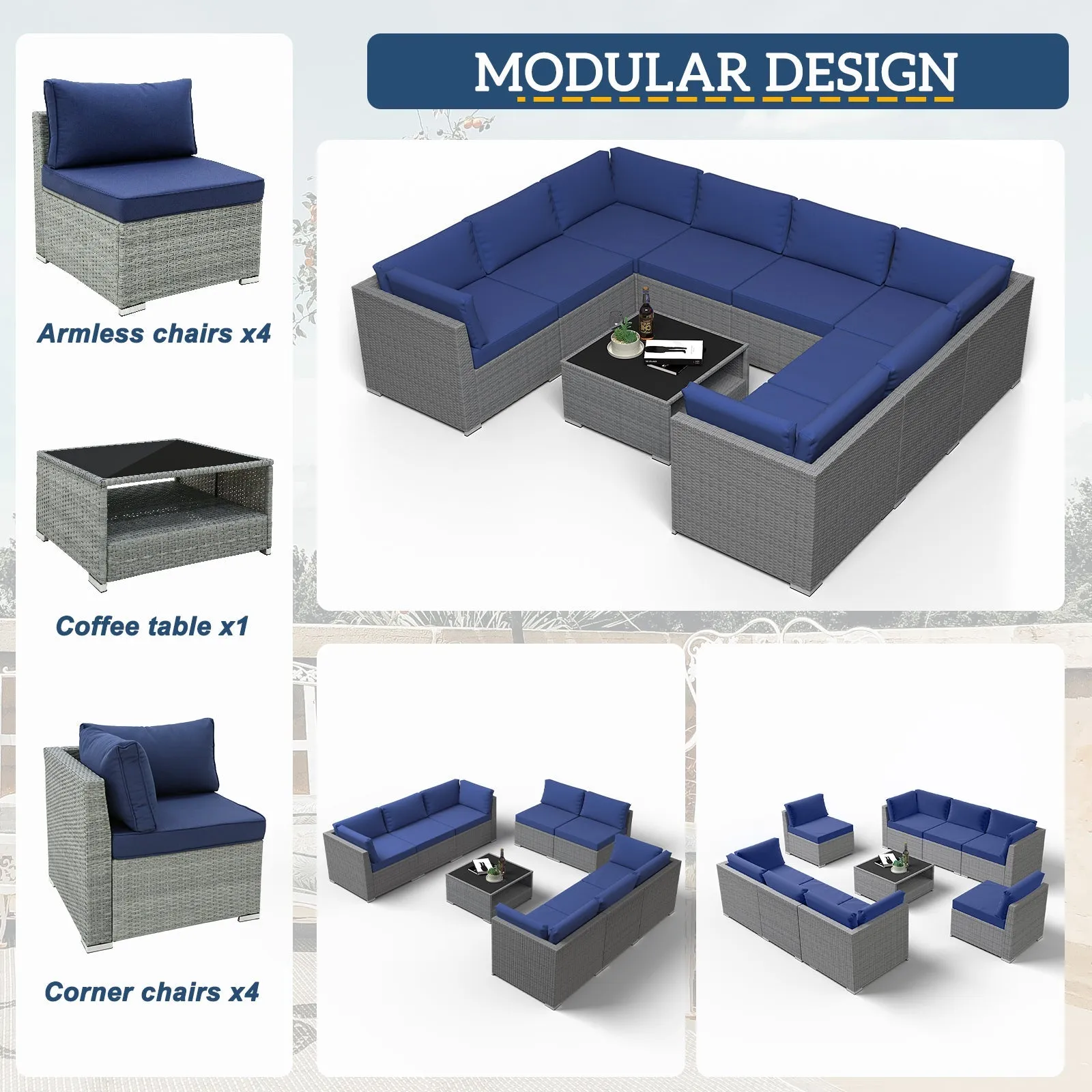 9 Piece Outdoor Wicker Patio Furniture Set with Coffee Table for 8 People