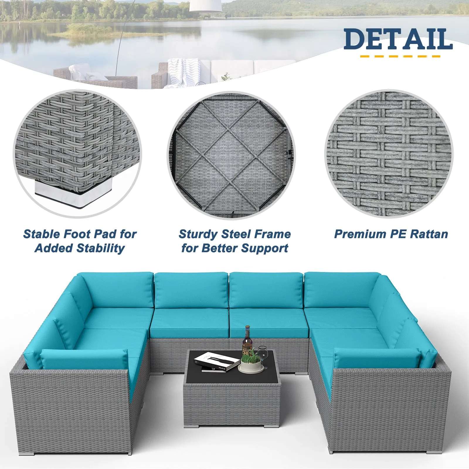 9 Piece Outdoor Wicker Patio Furniture Set with Coffee Table for 8 People
