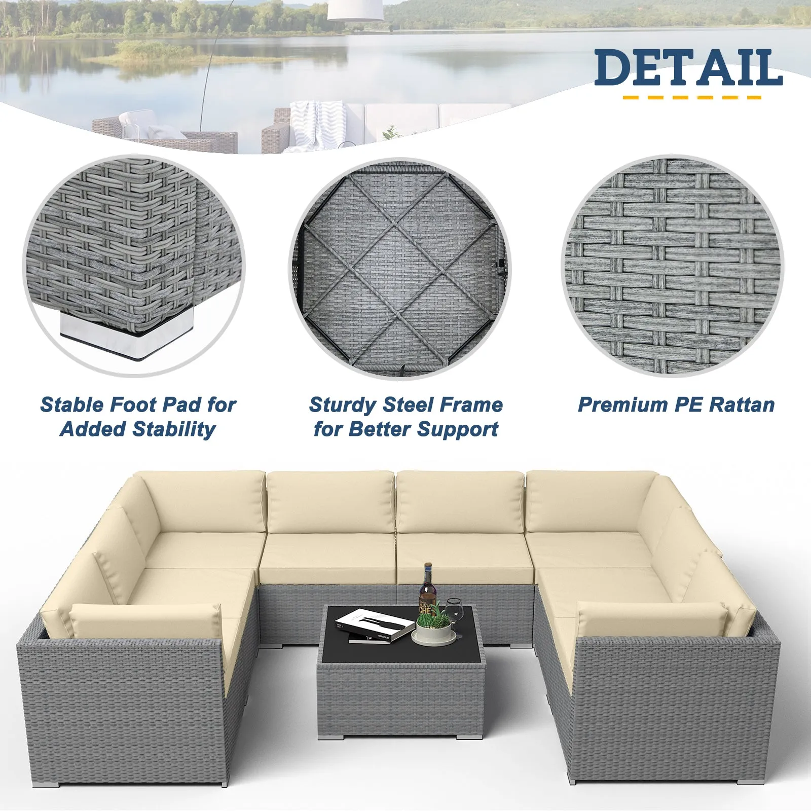 9 Piece Outdoor Wicker Patio Furniture Set with Coffee Table for 8 People
