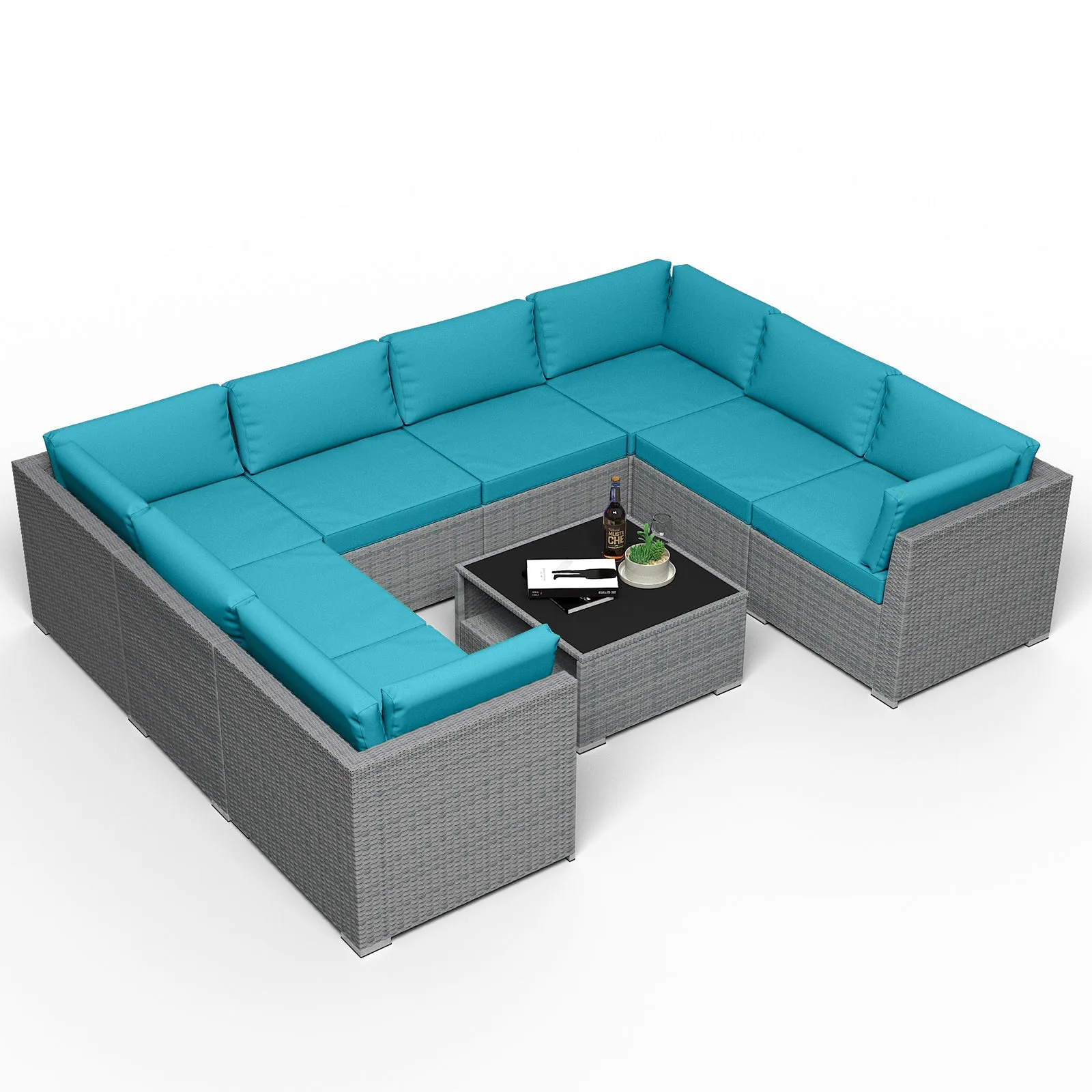 9 Piece Outdoor Wicker Patio Furniture Set with Coffee Table for 8 People