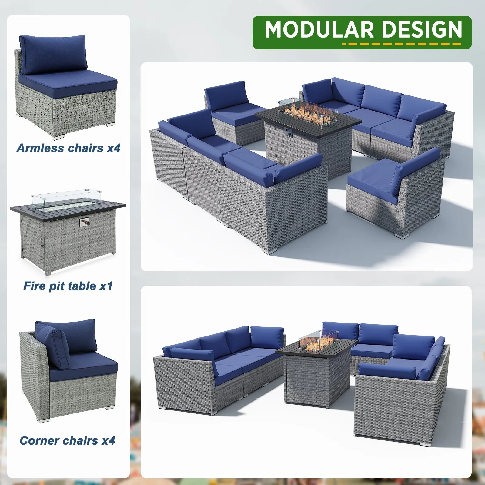9 Piece Outdoor Wicker Patio Furniture Set with Fire Table for 8 People