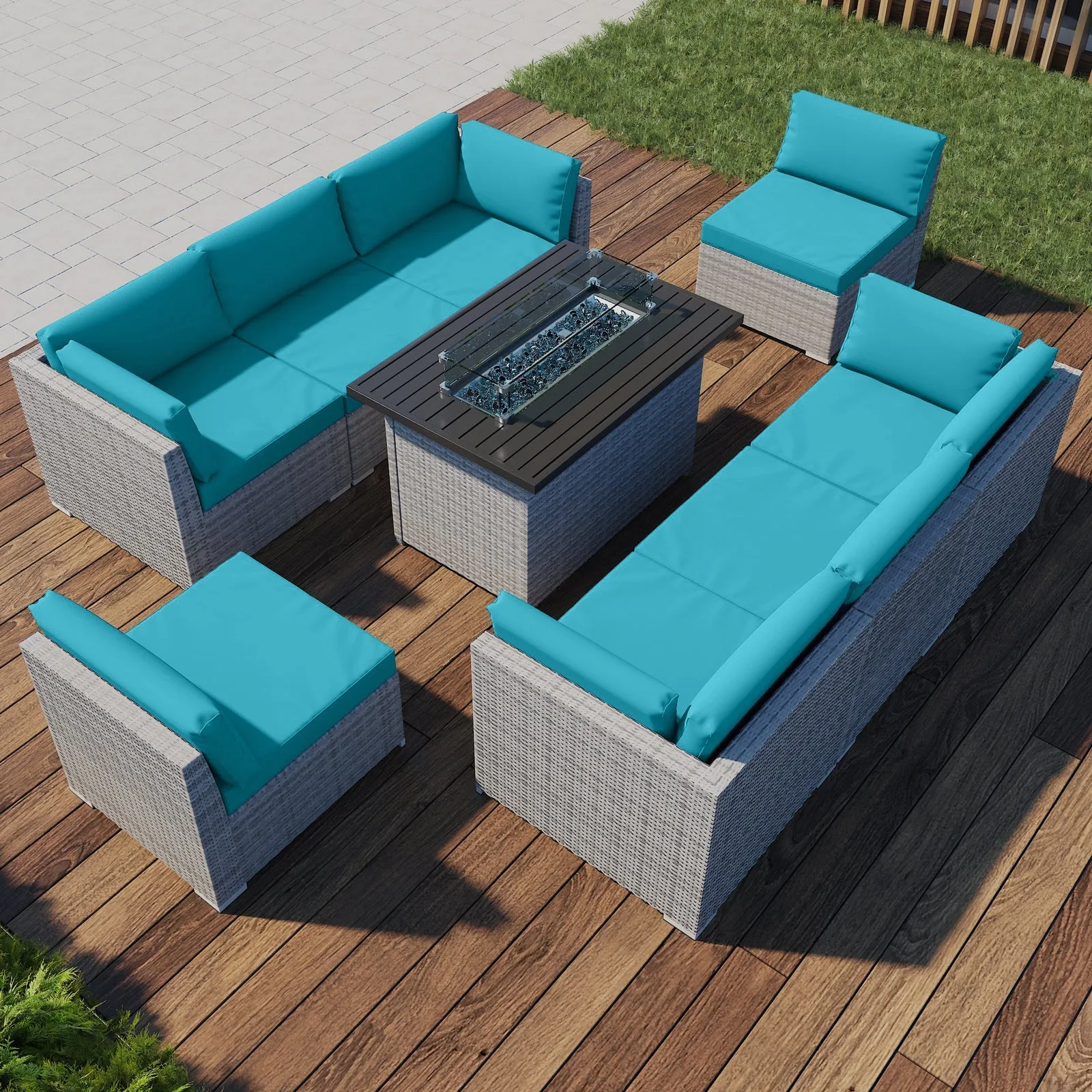 9 Piece Outdoor Wicker Patio Furniture Set with Fire Table for 8 People