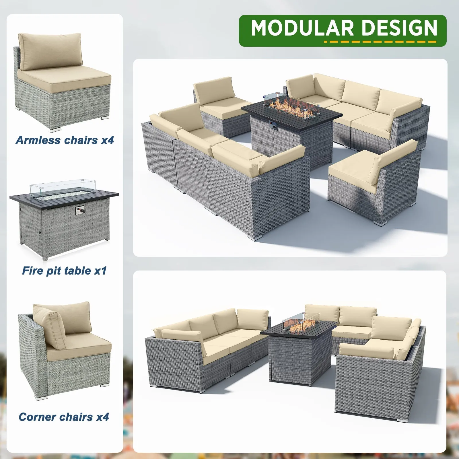 9 Piece Outdoor Wicker Patio Furniture Set with Fire Table for 8 People