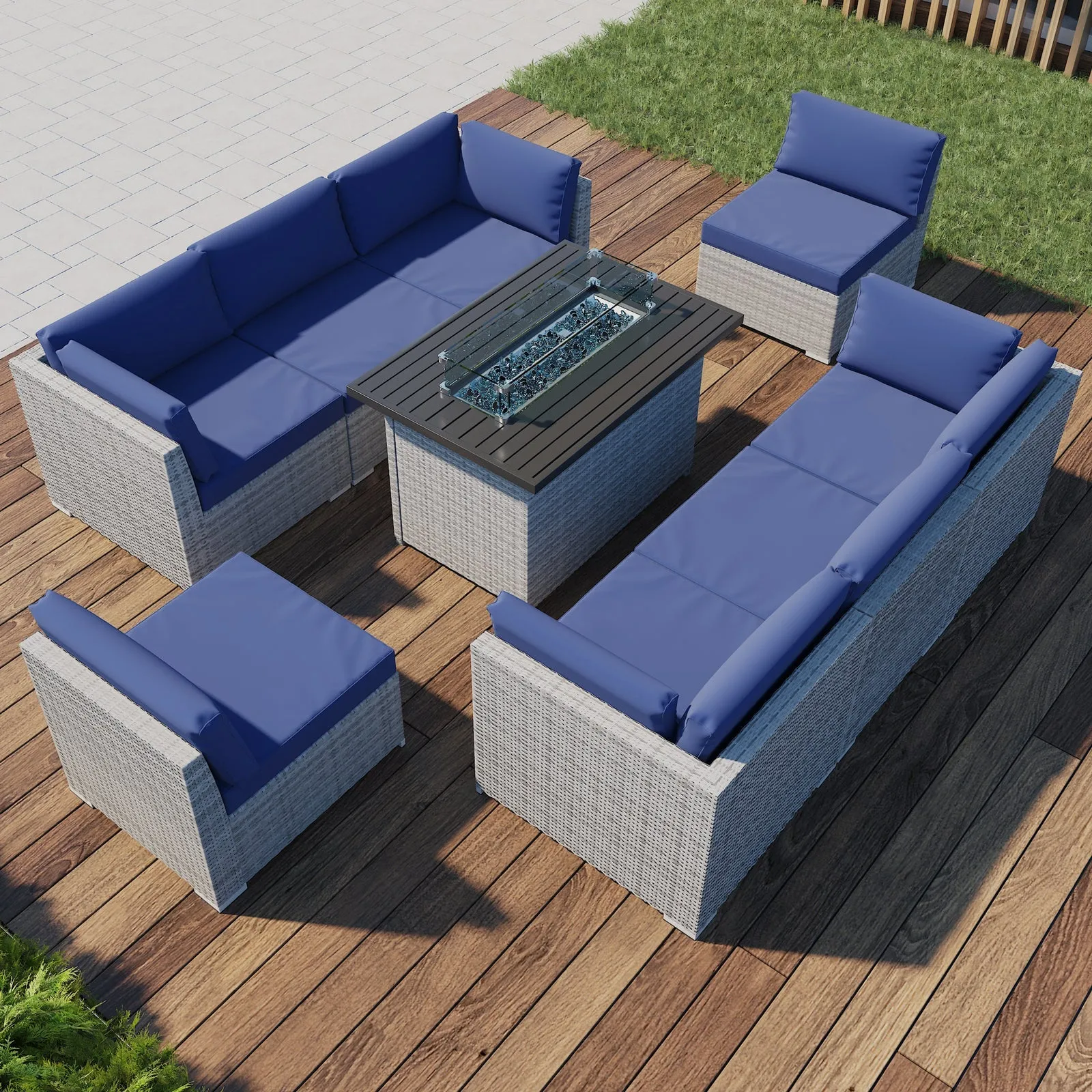 9 Piece Outdoor Wicker Patio Furniture Set with Fire Table for 8 People