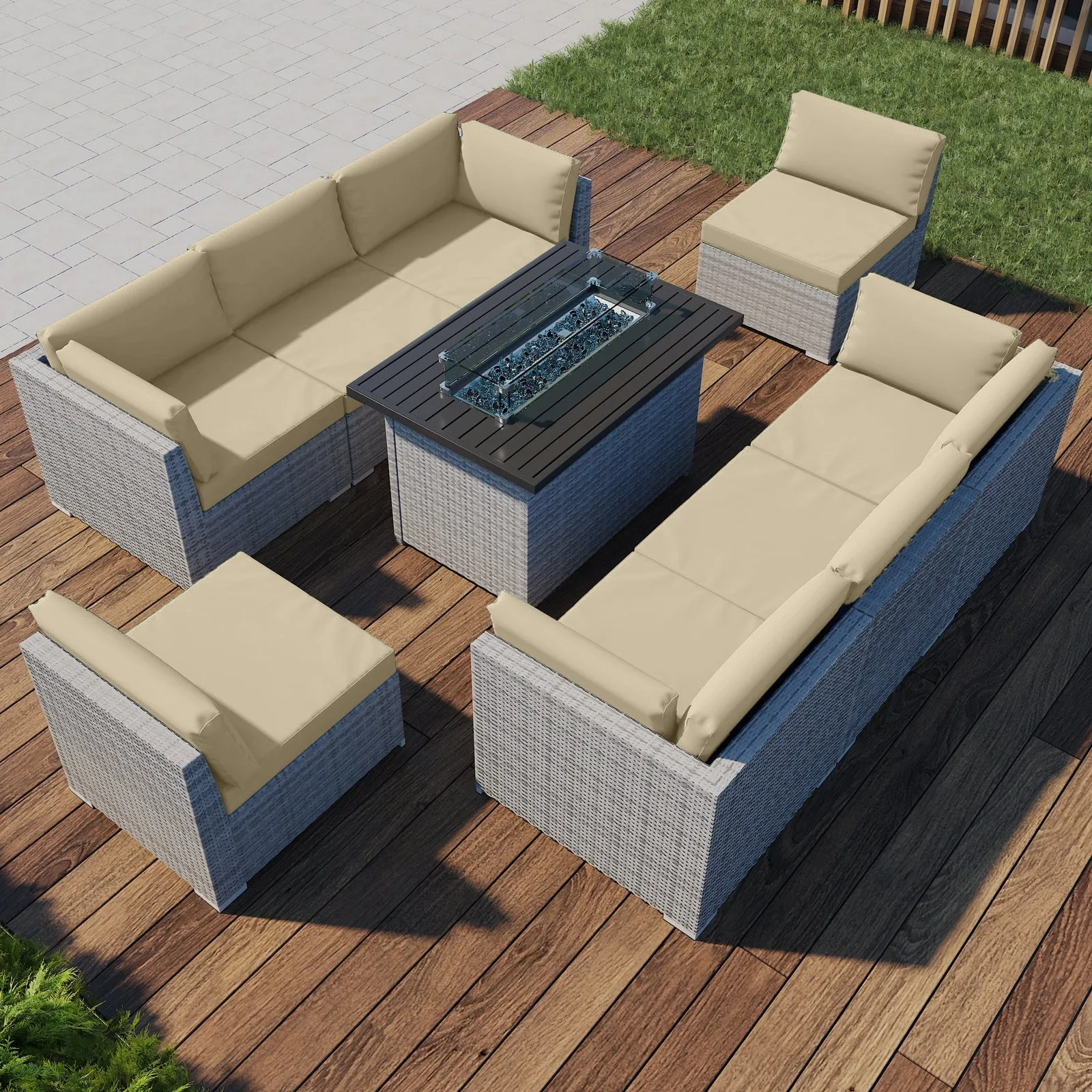 9 Piece Outdoor Wicker Patio Furniture Set with Fire Table for 8 People