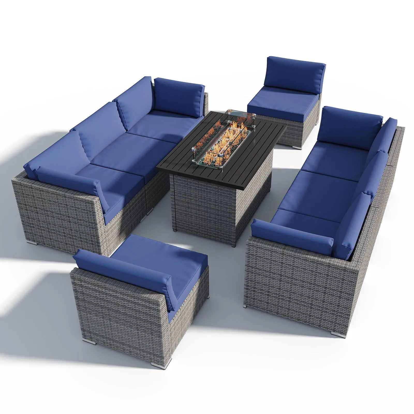 9 Piece Outdoor Wicker Patio Furniture Set with Fire Table for 8 People