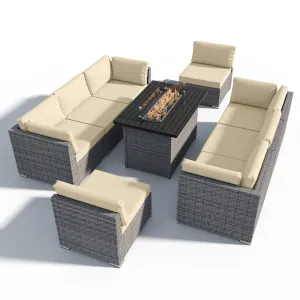 9 Piece Outdoor Wicker Patio Furniture Set with Fire Table for 8 People
