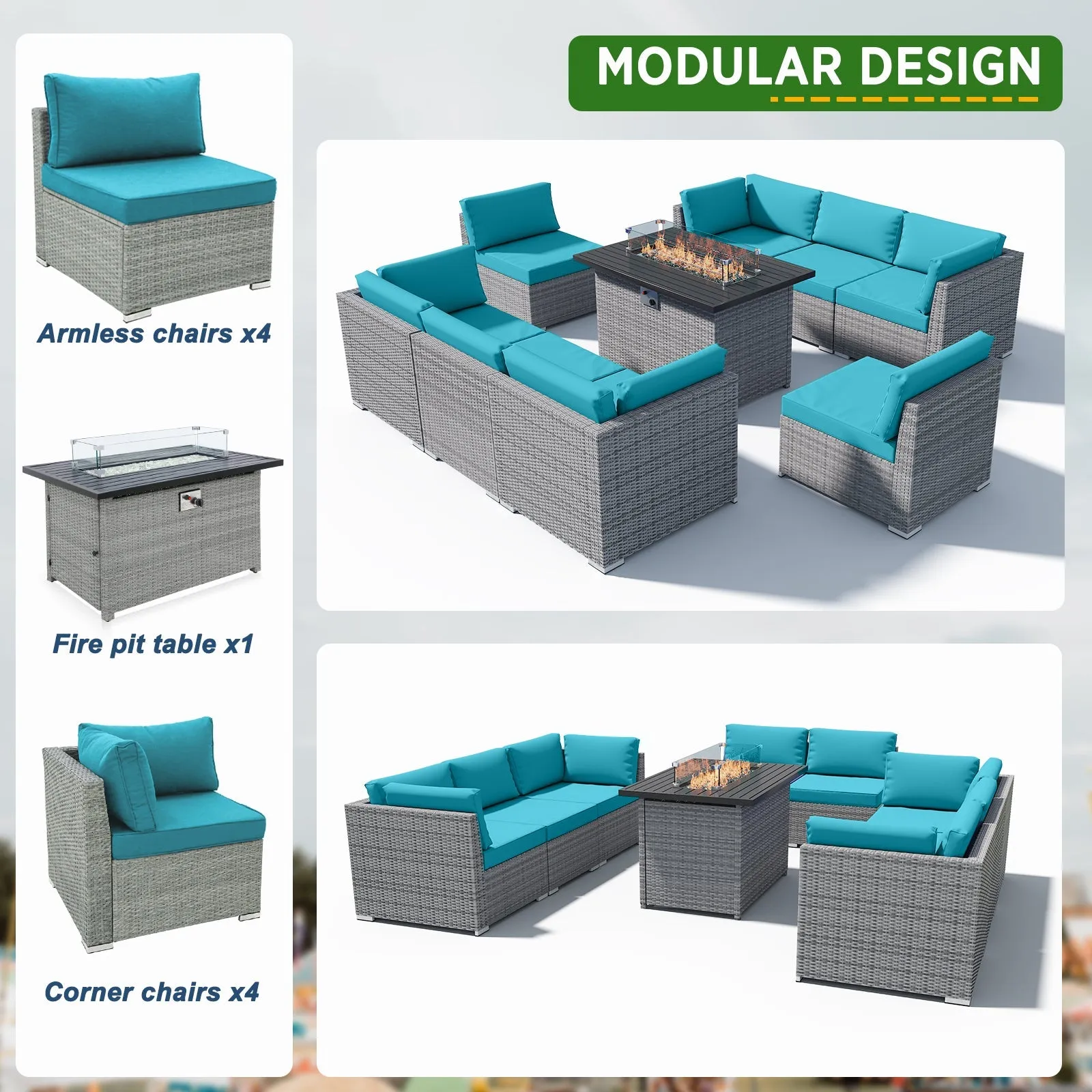 9 Piece Outdoor Wicker Patio Furniture Set with Fire Table for 8 People