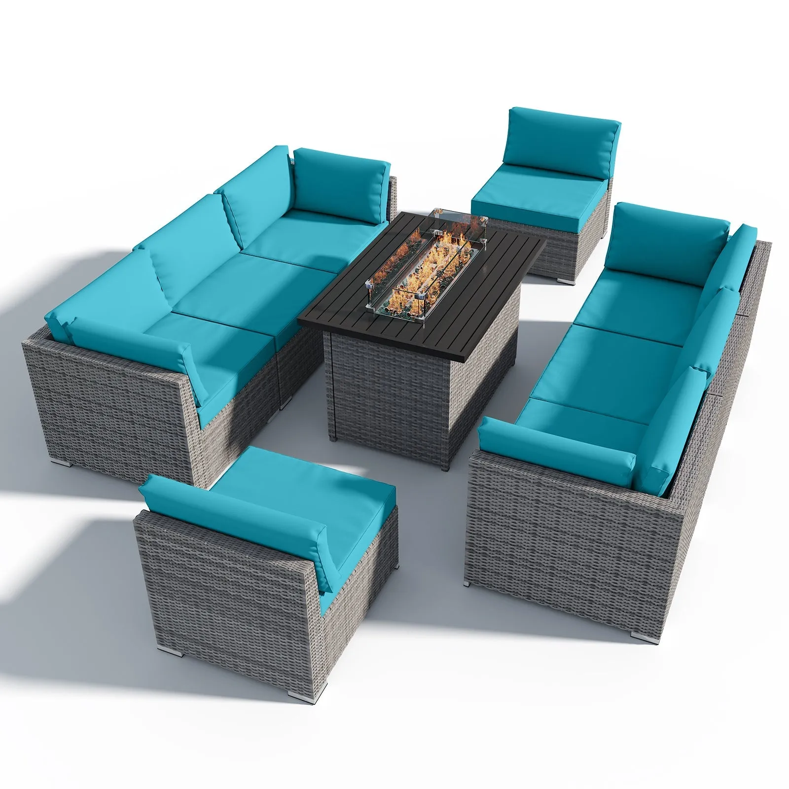 9 Piece Outdoor Wicker Patio Furniture Set with Fire Table for 8 People