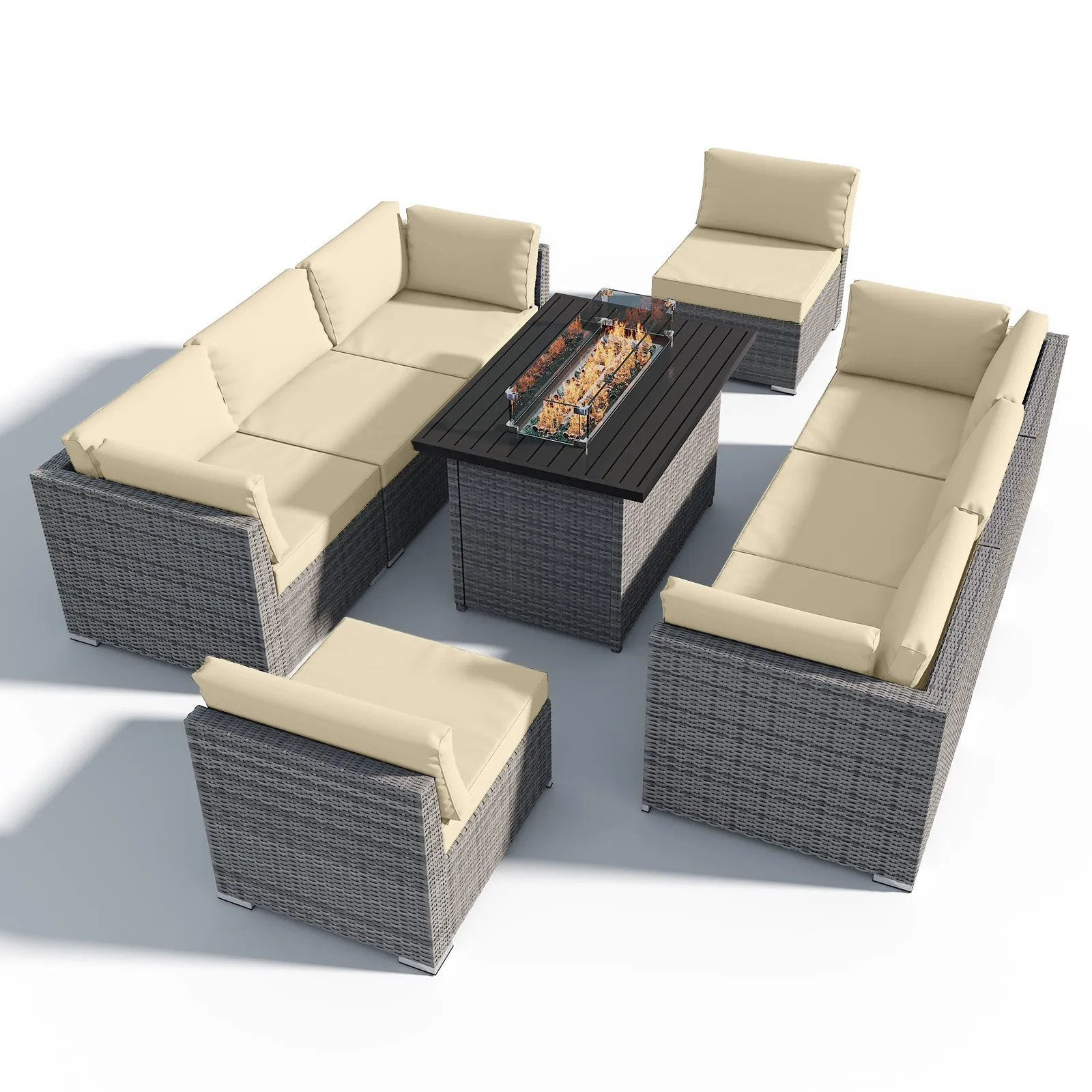 9 Piece Outdoor Wicker Patio Furniture Set with Fire Table for 8 People