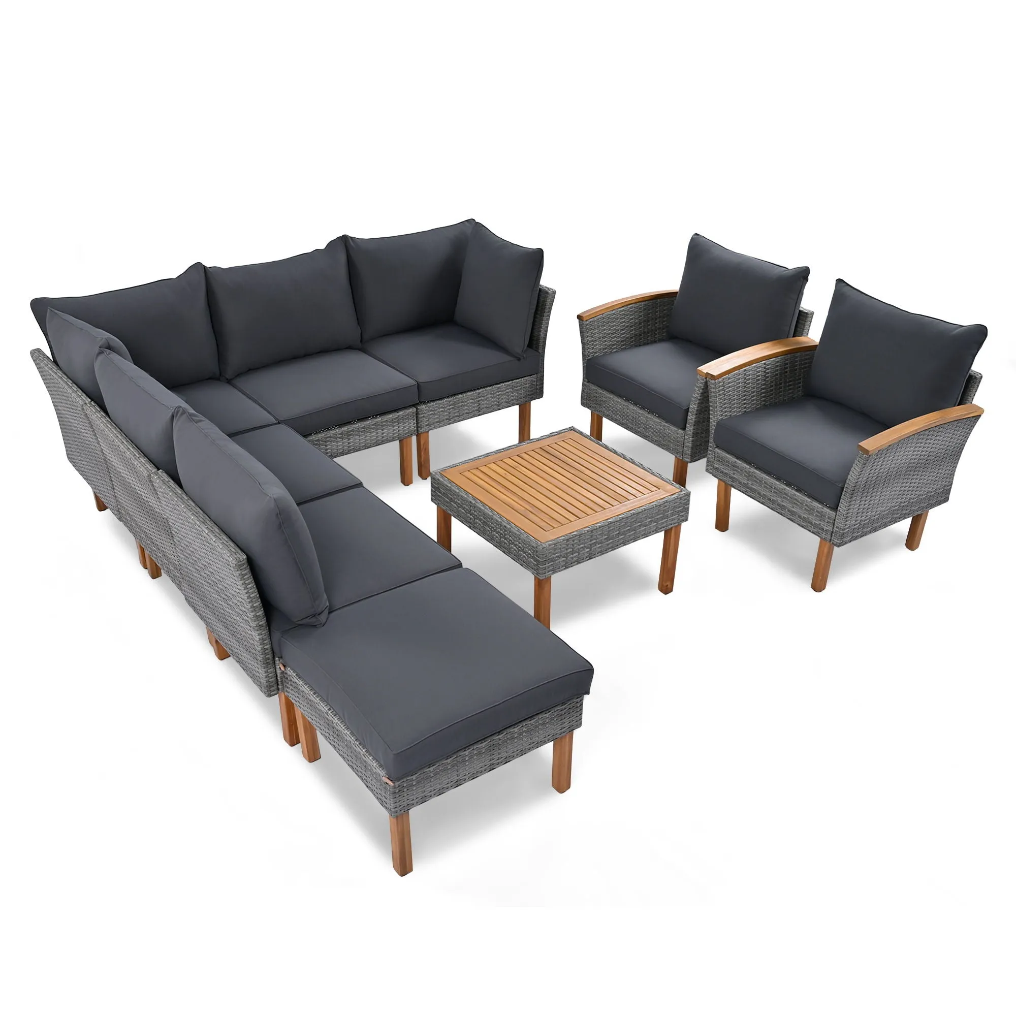 9 Piece Patio Rattan Furniture Set, Outdoor Conversation Set With Acacia Wood Legs And Tabletop, PE Rattan Sectional Sofa Set With Coffee Table, Washable Cushion by Couch.com
