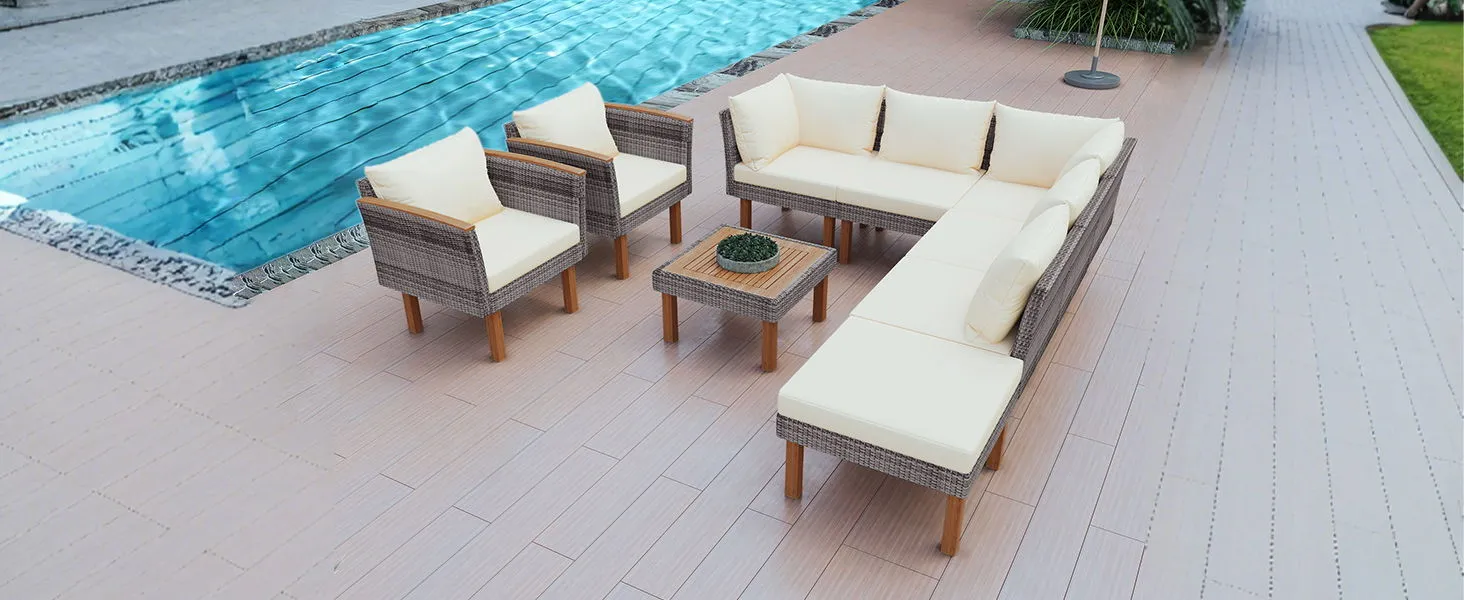 9 Piece Patio Rattan Furniture Set, Outdoor Conversation Set With Acacia Wood Legs And Tabletop, PE Rattan Sectional Sofa Set With Coffee Table, Washable Cushion by Couch.com