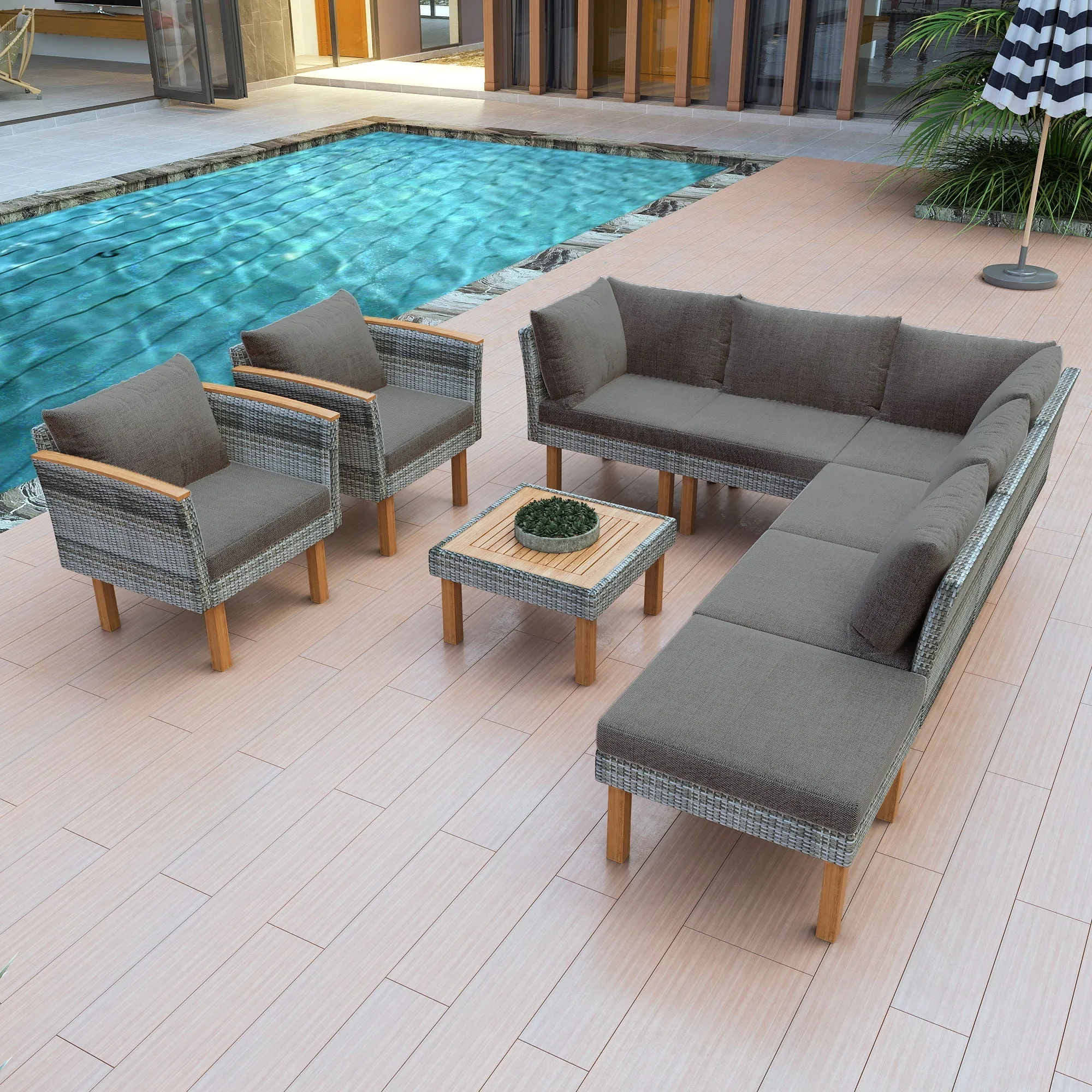 9 Piece Patio Rattan Furniture Set, Outdoor Conversation Set With Acacia Wood Legs And Tabletop, PE Rattan Sectional Sofa Set With Coffee Table, Washable Cushion by Couch.com