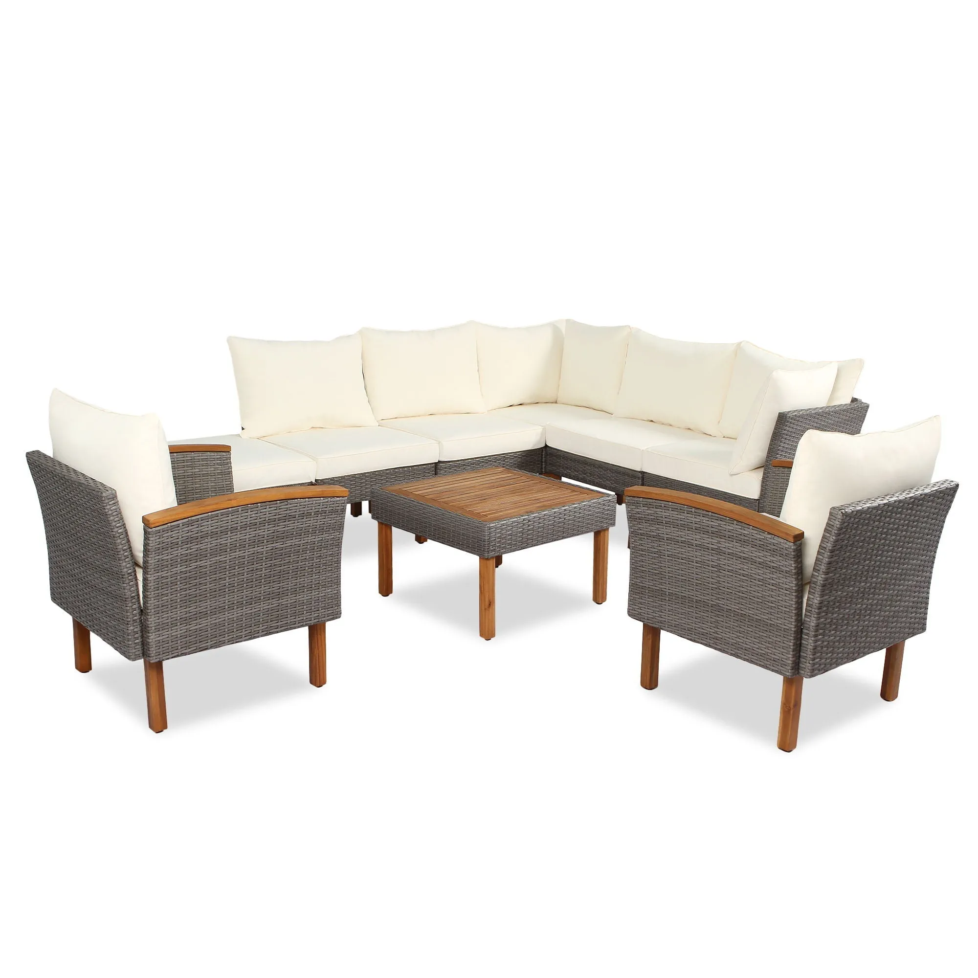 9 Piece Patio Rattan Furniture Set, Outdoor Conversation Set With Acacia Wood Legs And Tabletop, PE Rattan Sectional Sofa Set With Coffee Table, Washable Cushion by Couch.com