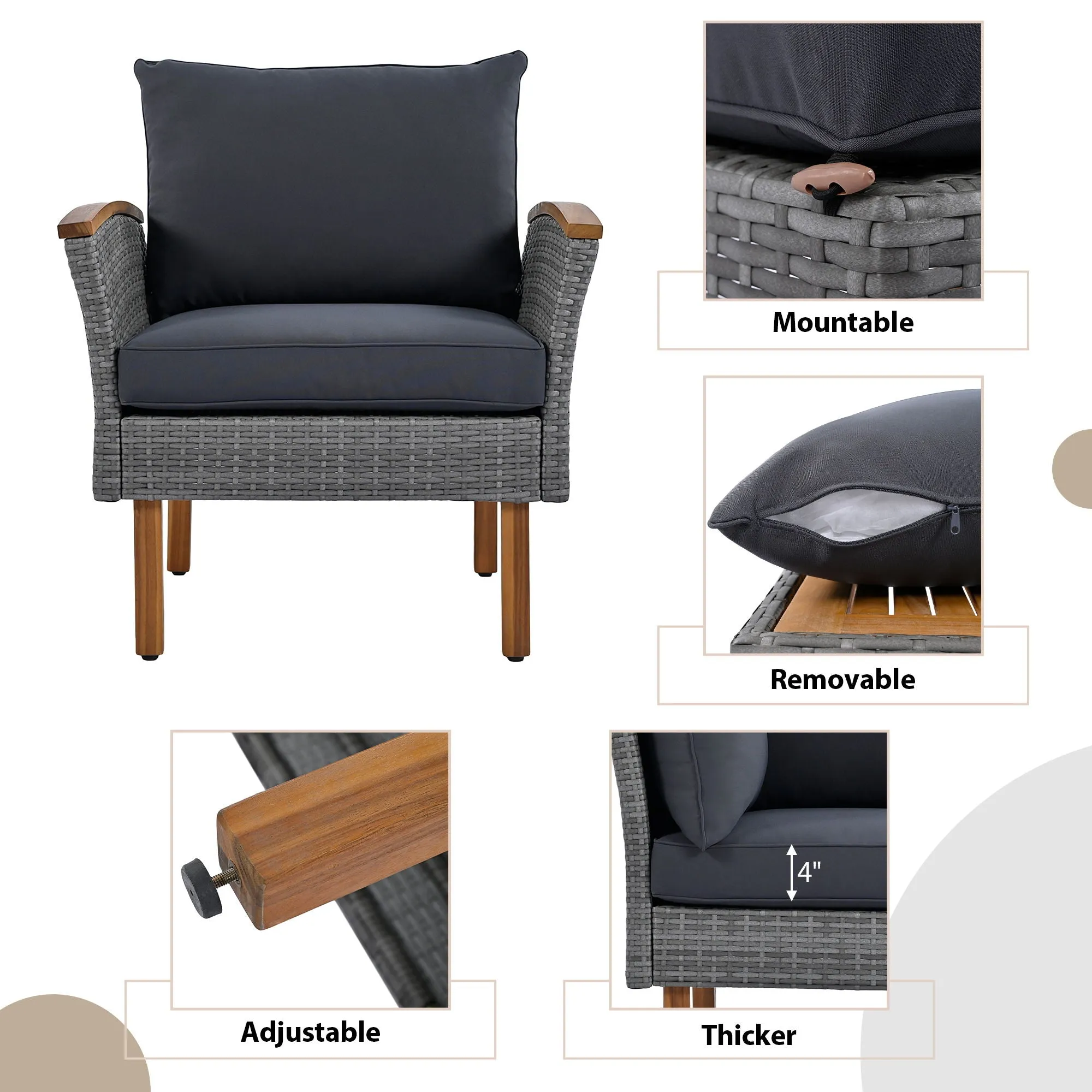 9 Piece Patio Rattan Furniture Set, Outdoor Conversation Set With Acacia Wood Legs And Tabletop, PE Rattan Sectional Sofa Set With Coffee Table, Washable Cushion by Couch.com