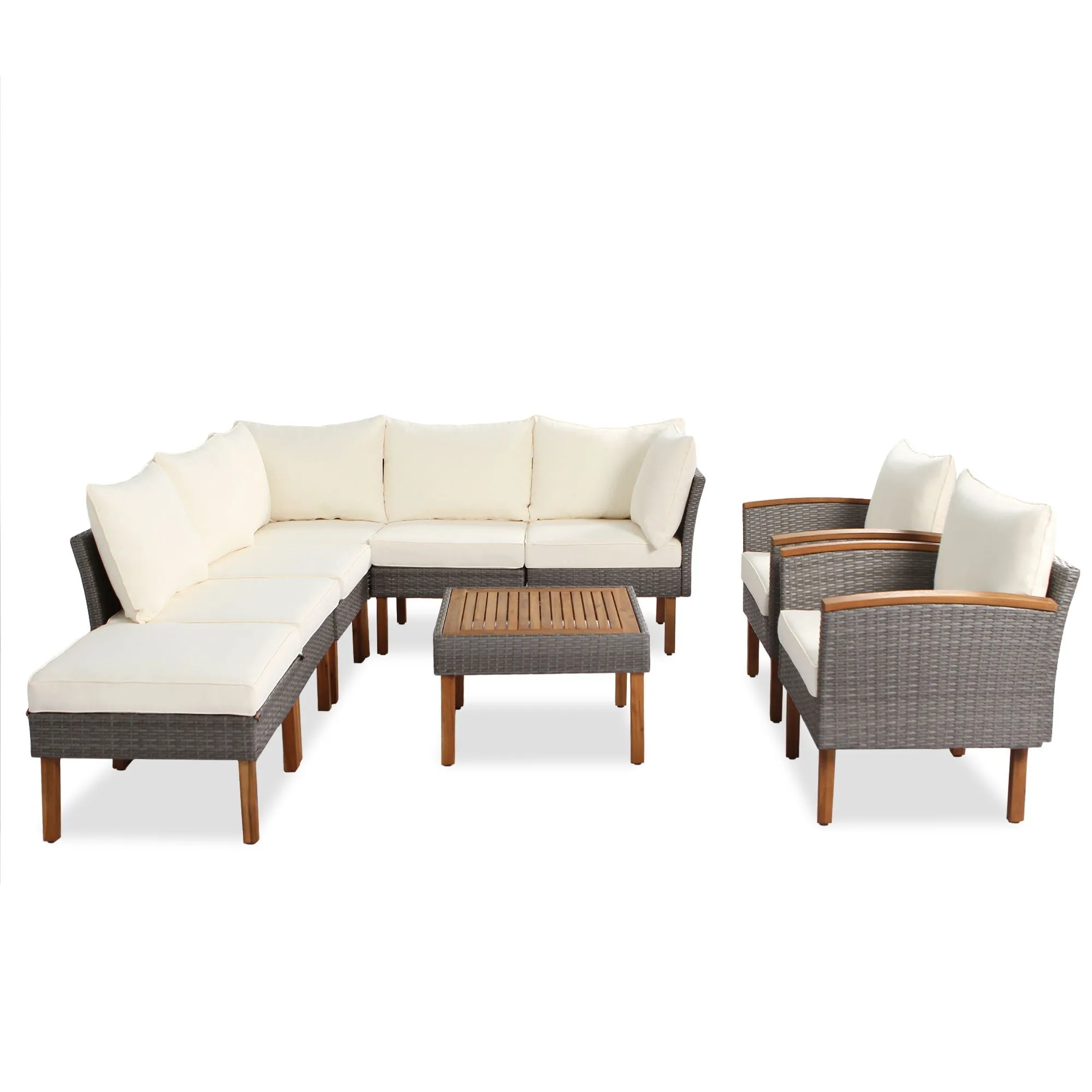 9 Piece Patio Rattan Furniture Set, Outdoor Conversation Set With Acacia Wood Legs And Tabletop, PE Rattan Sectional Sofa Set With Coffee Table, Washable Cushion by Couch.com