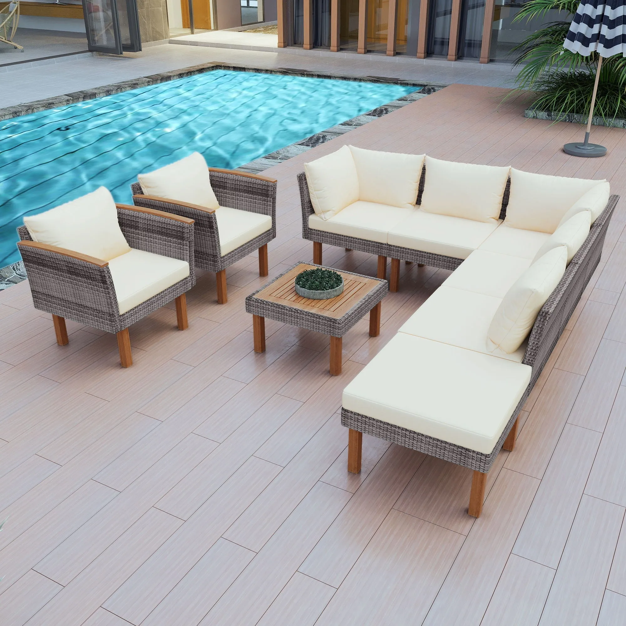9 Piece Patio Rattan Furniture Set, Outdoor Conversation Set With Acacia Wood Legs And Tabletop, PE Rattan Sectional Sofa Set With Coffee Table, Washable Cushion by Couch.com