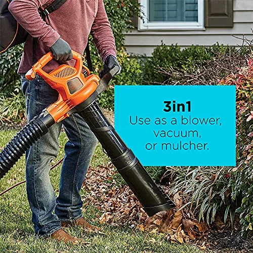 BLACK DECKER Electric Leaf Blower, Leaf Vacuum and Mulcher 3 in 1, 250 mph Airflow, 400 cfm Delivery Power, Reusable Bag Included, Corded (BEBL7000)