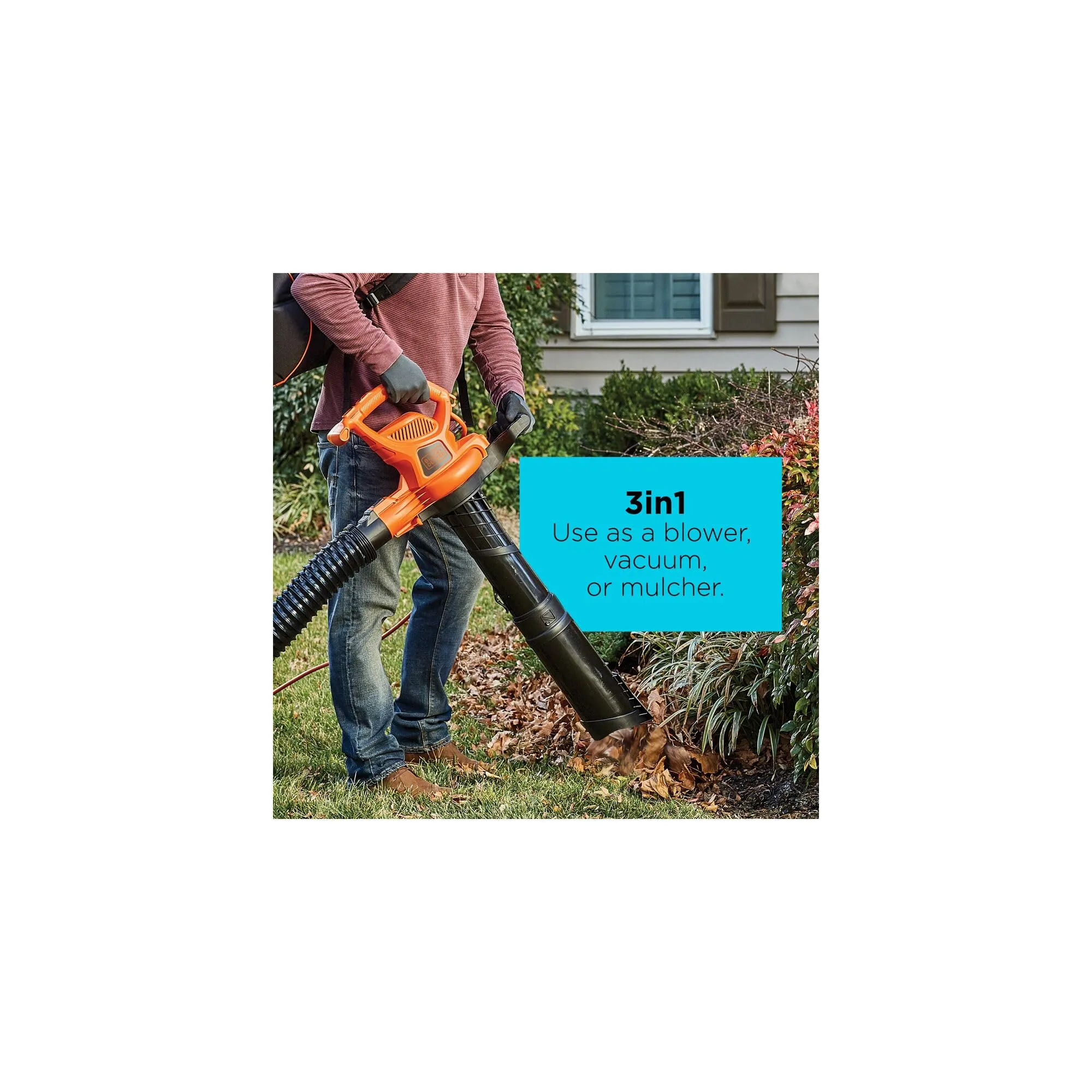 BLACK DECKER Electric Leaf Blower, Leaf Vacuum and Mulcher 3 in 1, 250 mph Airflow, 400 cfm Delivery Power, Reusable Bag Included, Corded (BEBL7000)