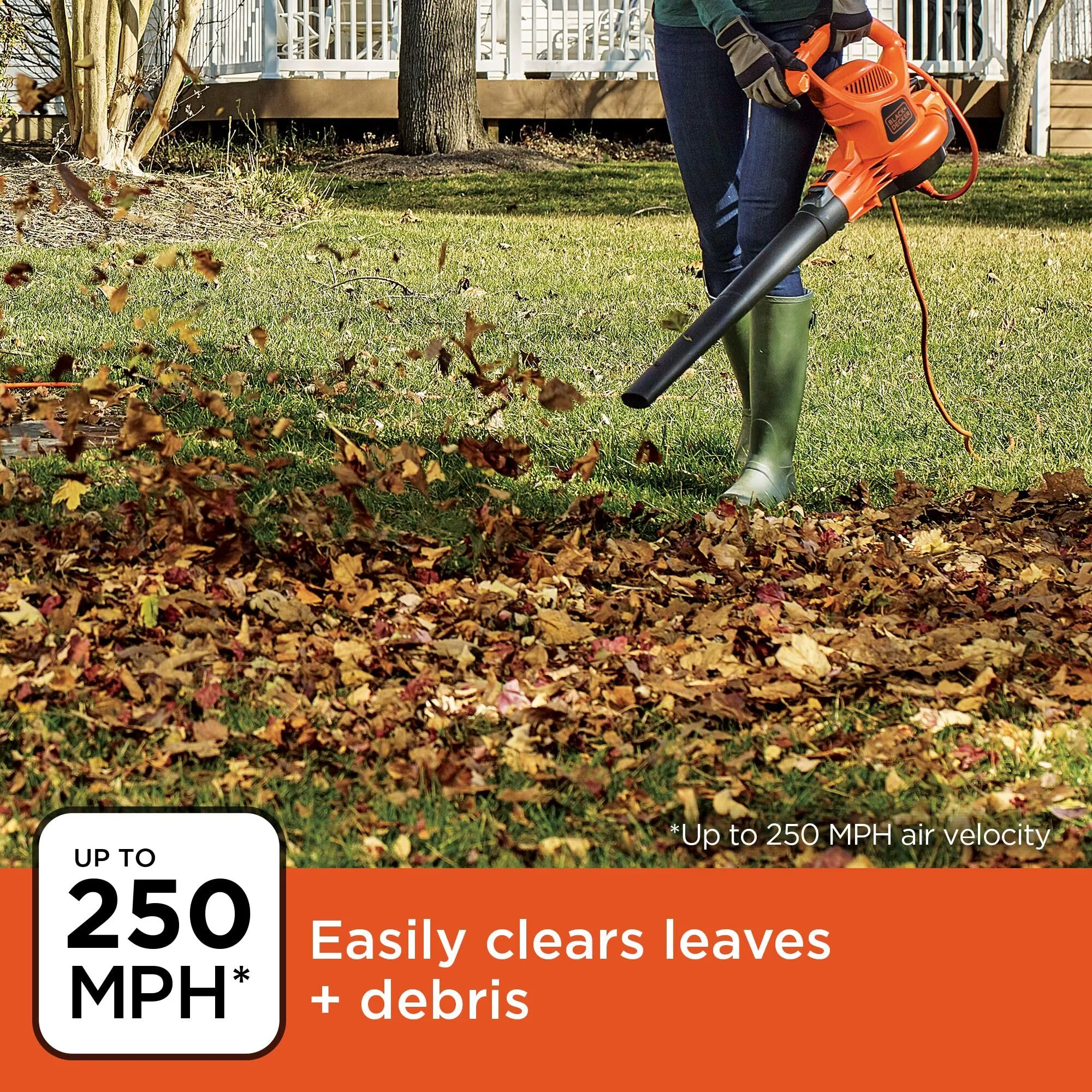 BLACK DECKER Electric Leaf Blower, Leaf Vacuum and Mulcher 3 in 1, 250 mph Airflow, 400 cfm Delivery Power, Reusable Bag Included, Corded (BEBL7000)