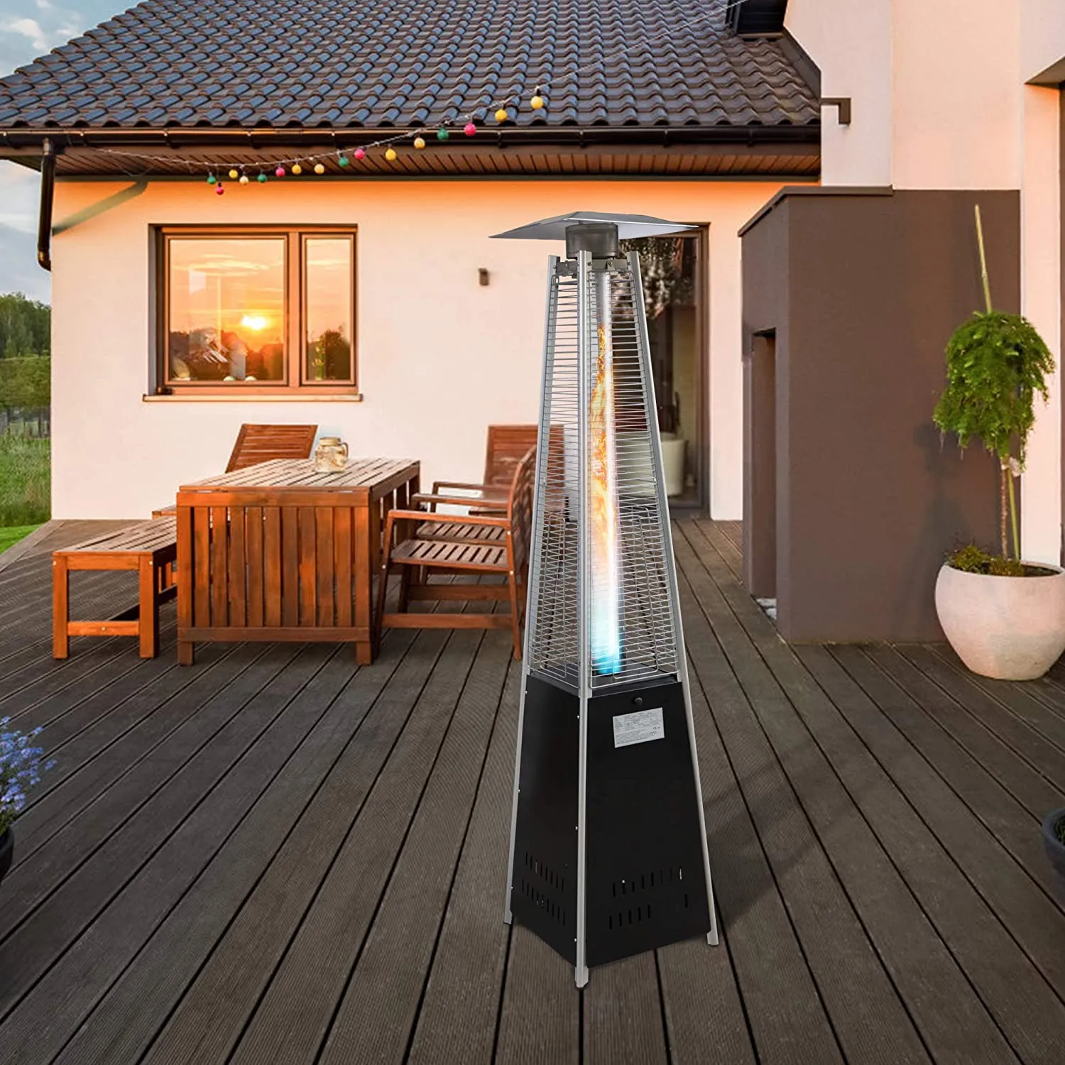 E-Macht 87" Outdoor Patio Heater, Pyramid Standing Gas LP Propane Heater with Wheels 42000 BTU, Black