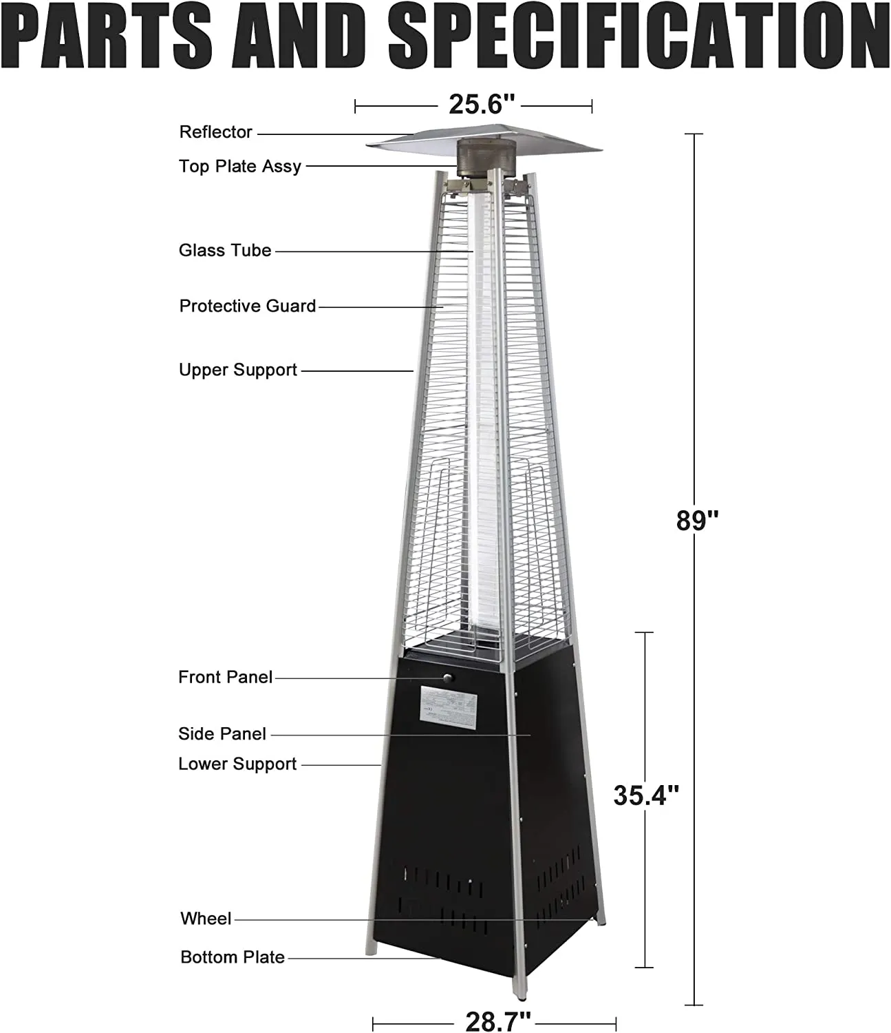 E-Macht 87" Outdoor Patio Heater, Pyramid Standing Gas LP Propane Heater with Wheels 42000 BTU, Black