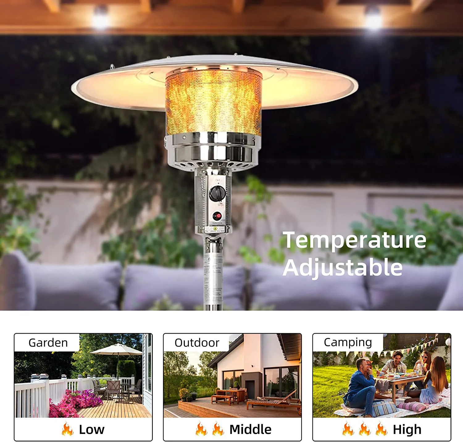 E-Macht 87" Outdoor Patio Heater Standing Gas LP Propane Heater with Wheels, 36000 BTU, Sliver