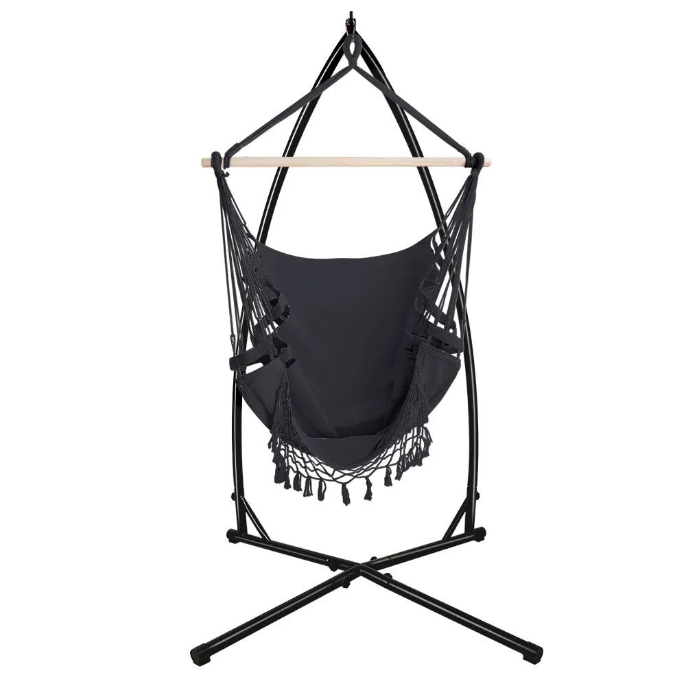 Hammock Chair with Steel Stand Hanging Outdoor Tassel - Grey