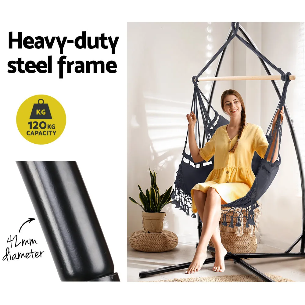 Hammock Chair with Steel Stand Hanging Outdoor Tassel - Grey