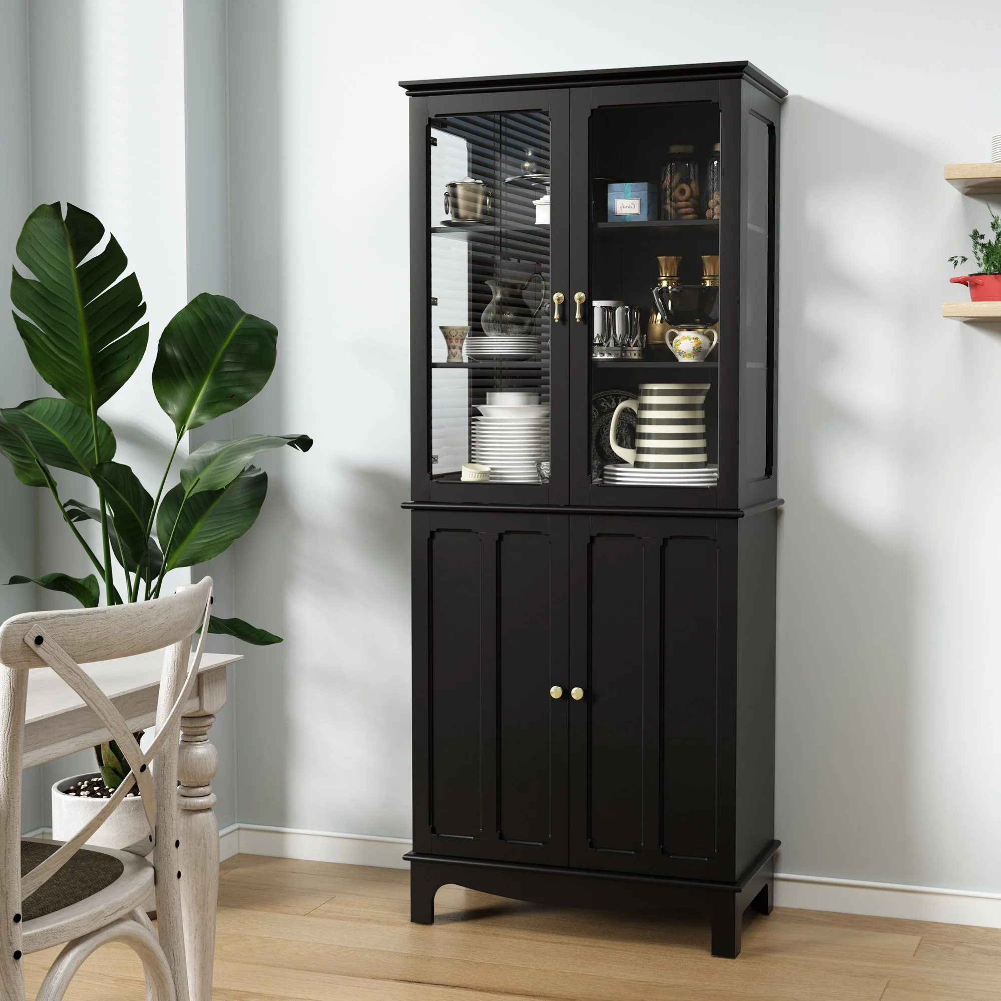 HLR 72" Black Classical Freestanding Pantry Sideboard with Glass Doors & Adjustable Shelves, Tall Storage Cabinet for Kitchen, Living & Dining Rooms