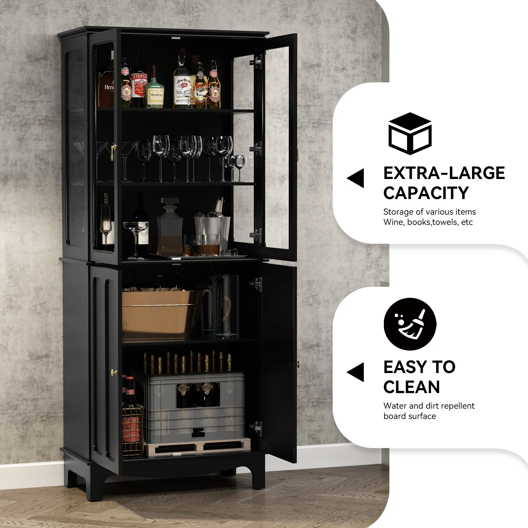 HLR 72" Black Classical Freestanding Pantry Sideboard with Glass Doors & Adjustable Shelves, Tall Storage Cabinet for Kitchen, Living & Dining Rooms