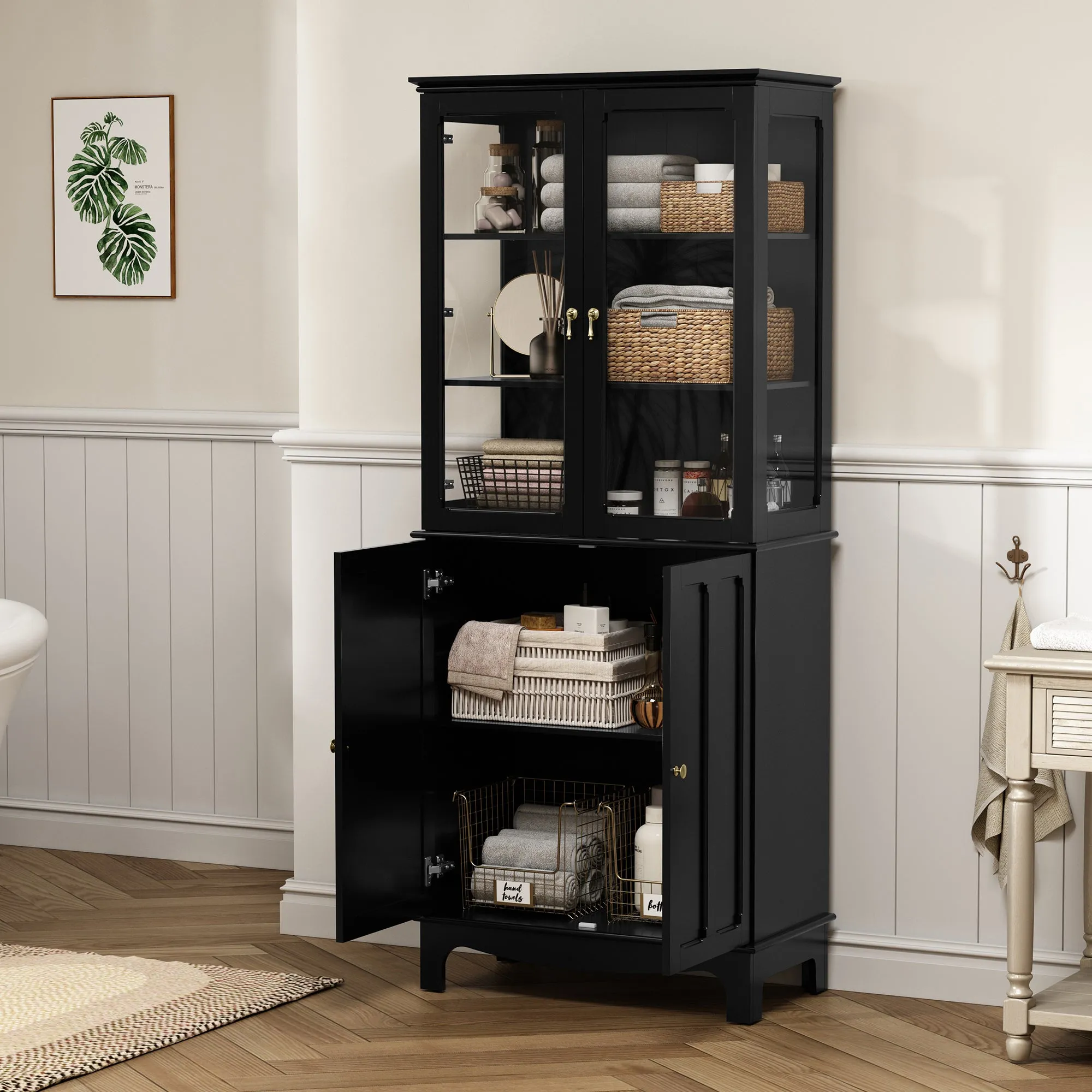 HLR 72" Black Classical Freestanding Pantry Sideboard with Glass Doors & Adjustable Shelves, Tall Storage Cabinet for Kitchen, Living & Dining Rooms
