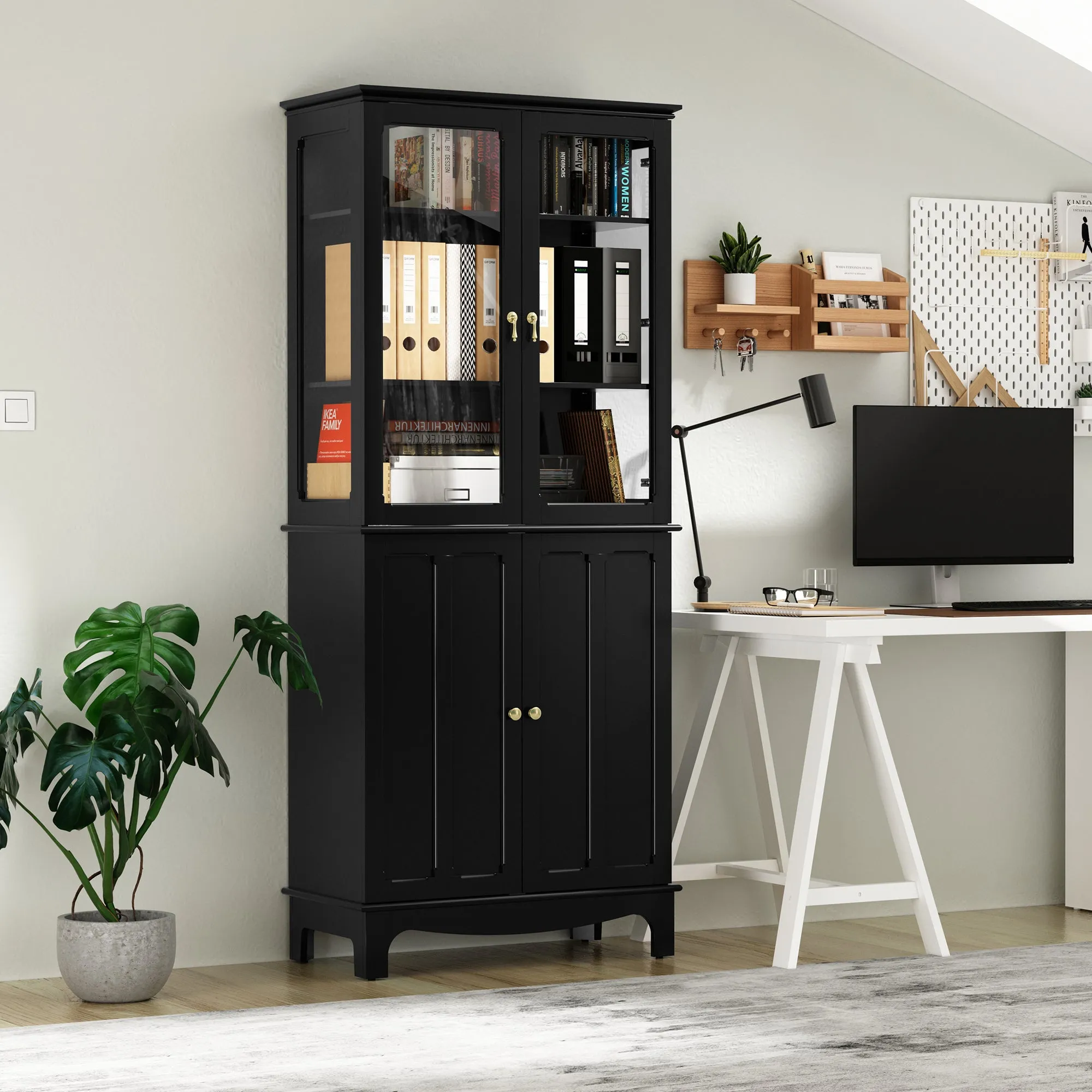 HLR 72" Black Classical Freestanding Pantry Sideboard with Glass Doors & Adjustable Shelves, Tall Storage Cabinet for Kitchen, Living & Dining Rooms