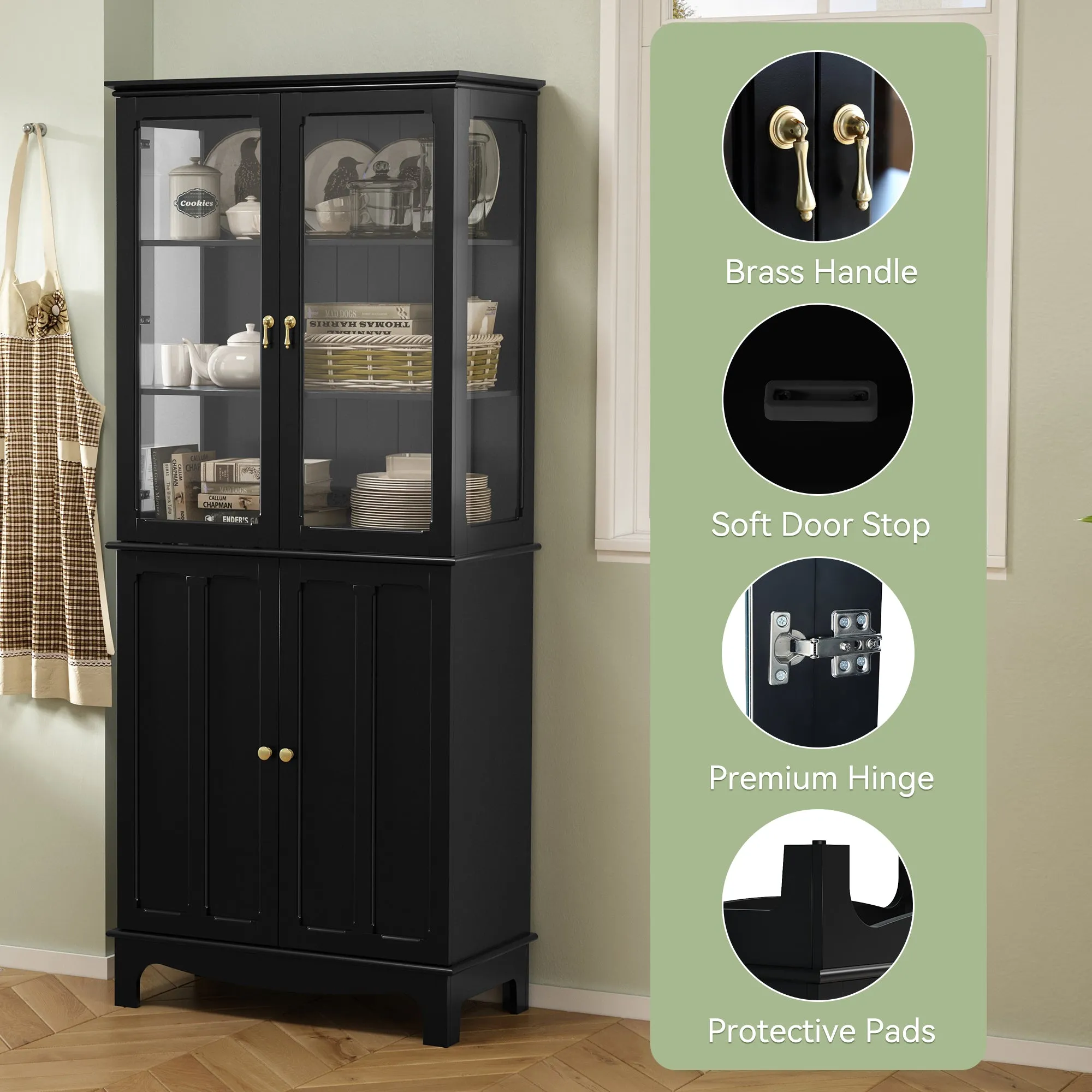 HLR 72" Black Classical Freestanding Pantry Sideboard with Glass Doors & Adjustable Shelves, Tall Storage Cabinet for Kitchen, Living & Dining Rooms