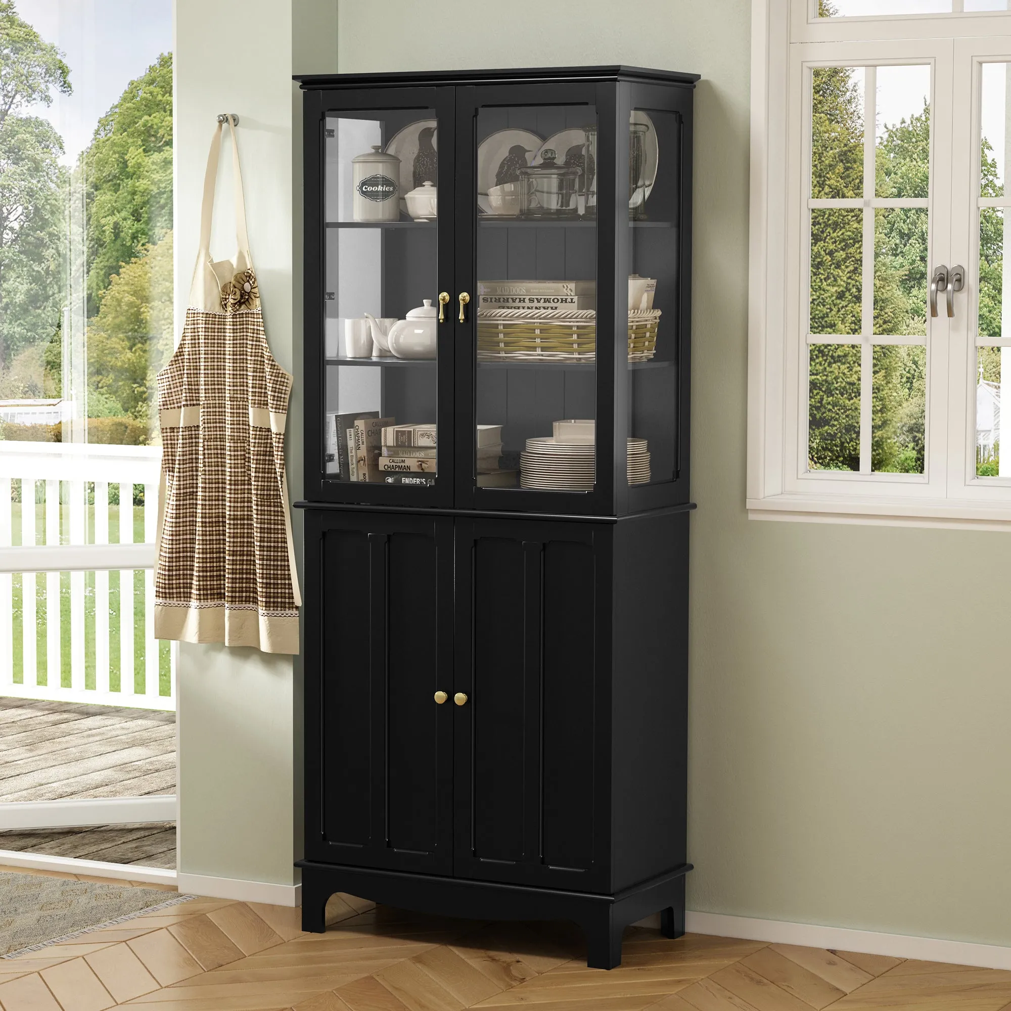 HLR 72" Black Classical Freestanding Pantry Sideboard with Glass Doors & Adjustable Shelves, Tall Storage Cabinet for Kitchen, Living & Dining Rooms