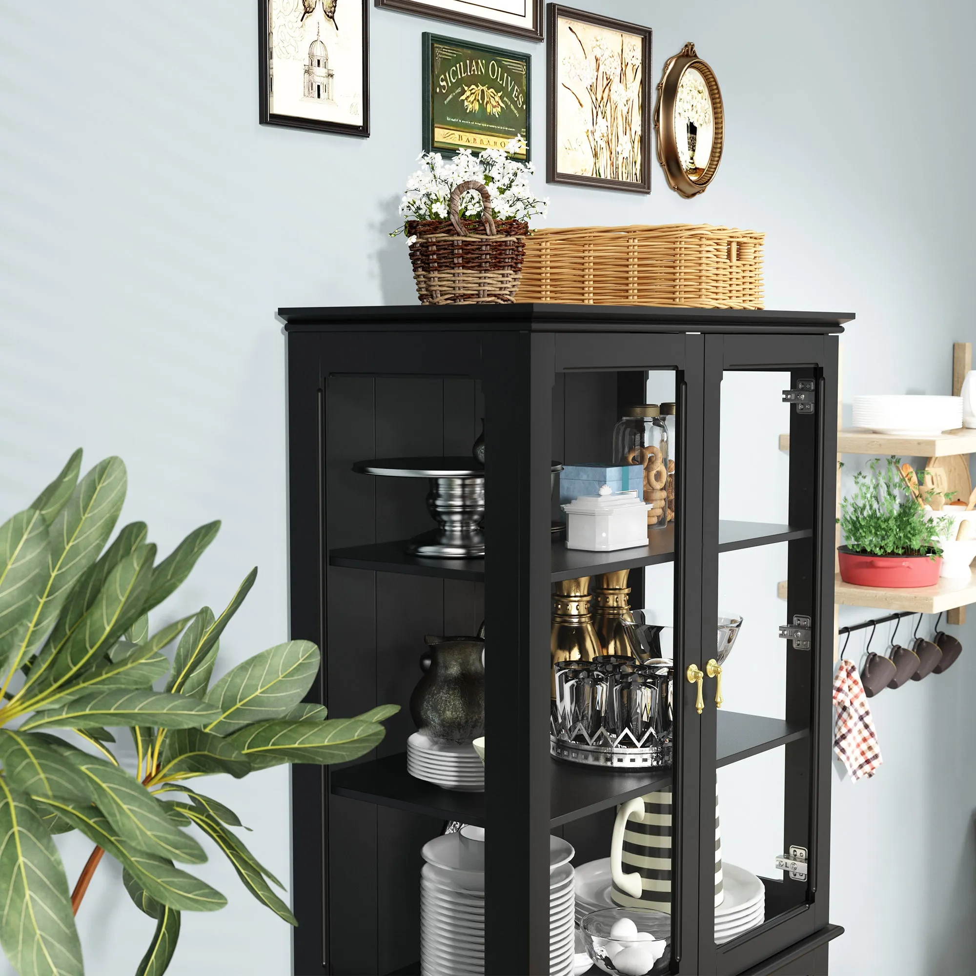 HLR 72" Black Classical Freestanding Pantry Sideboard with Glass Doors & Adjustable Shelves, Tall Storage Cabinet for Kitchen, Living & Dining Rooms
