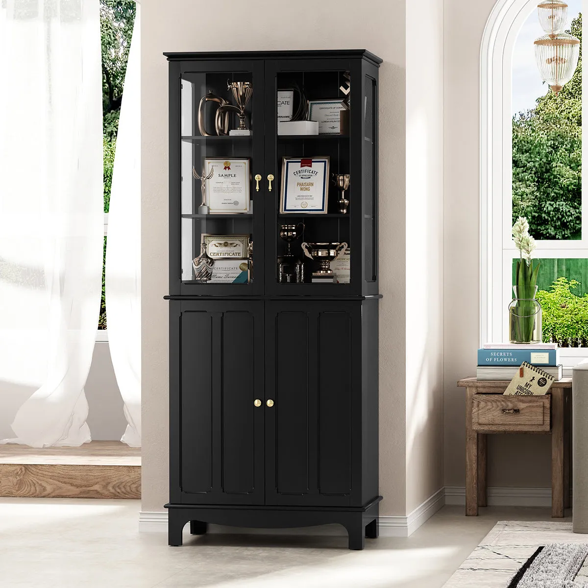 HLR 72" Black Classical Freestanding Pantry Sideboard with Glass Doors & Adjustable Shelves, Tall Storage Cabinet for Kitchen, Living & Dining Rooms