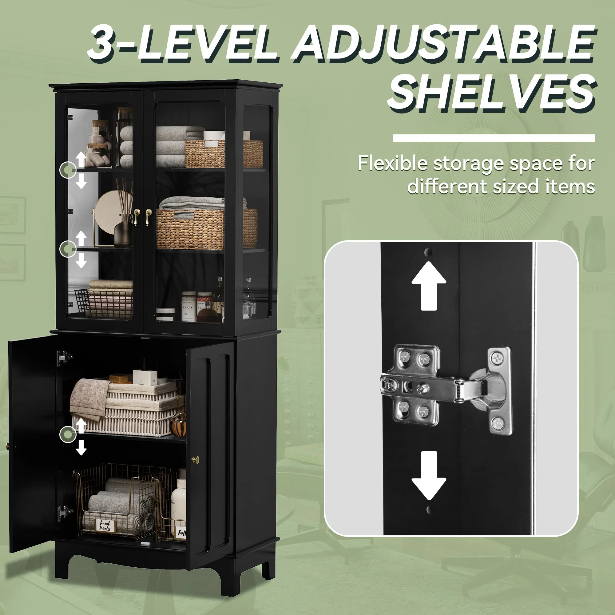 HLR 72" Black Classical Freestanding Pantry Sideboard with Glass Doors & Adjustable Shelves, Tall Storage Cabinet for Kitchen, Living & Dining Rooms
