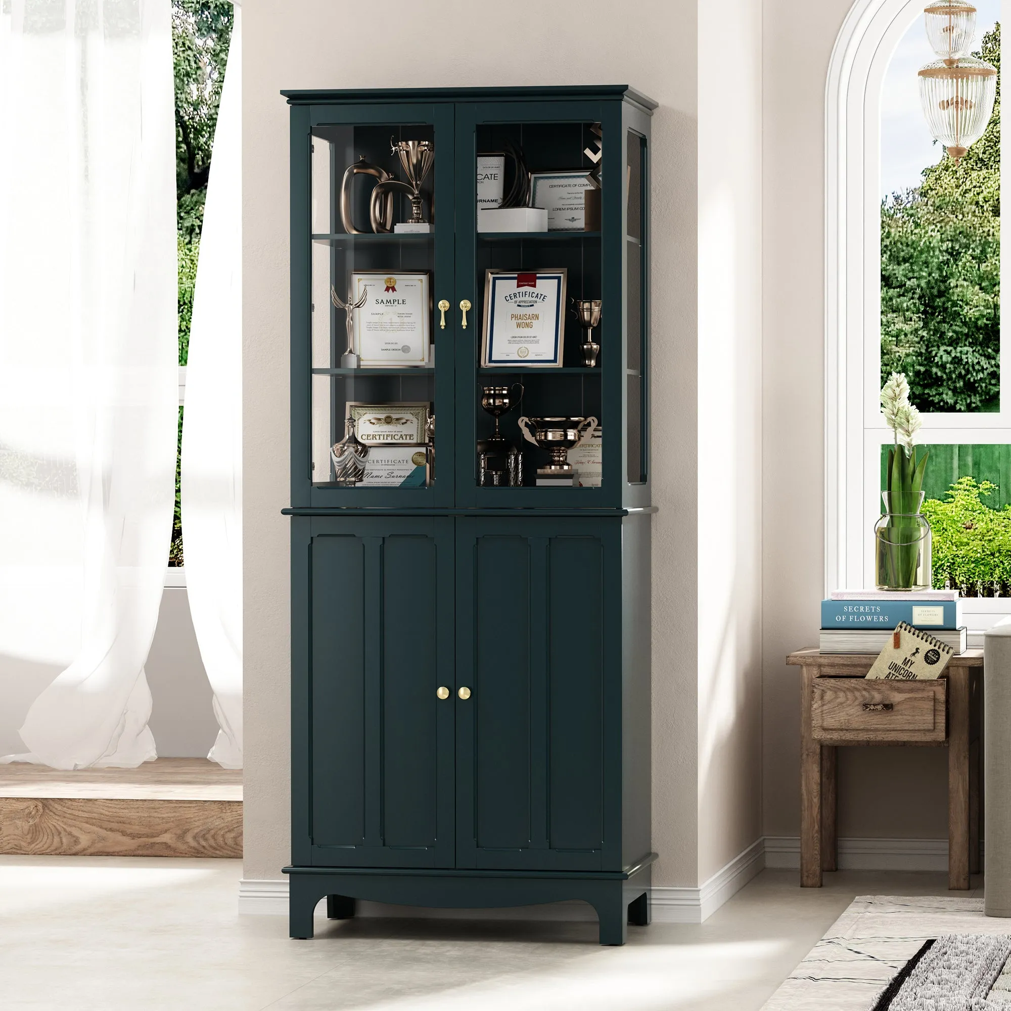 HLR 72" Black Classical Freestanding Pantry Sideboard with Glass Doors & Adjustable Shelves, Tall Storage Cabinet for Kitchen, Living & Dining Rooms