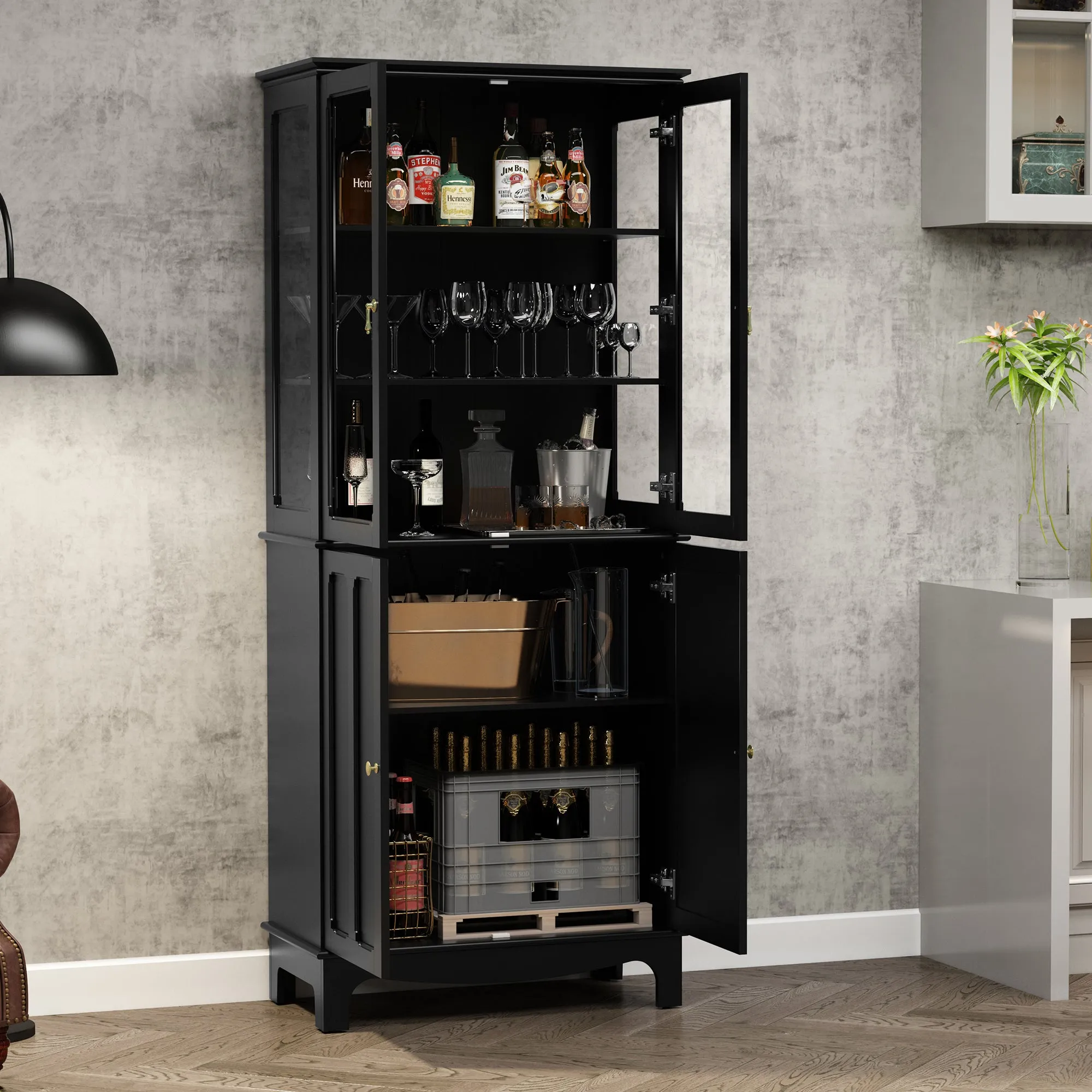HLR 72" Black Classical Freestanding Pantry Sideboard with Glass Doors & Adjustable Shelves, Tall Storage Cabinet for Kitchen, Living & Dining Rooms