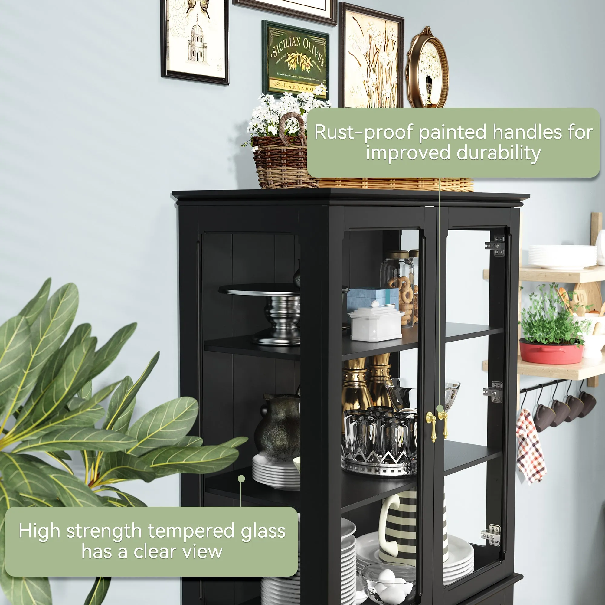 HLR 72" Black Classical Freestanding Pantry Sideboard with Glass Doors & Adjustable Shelves, Tall Storage Cabinet for Kitchen, Living & Dining Rooms