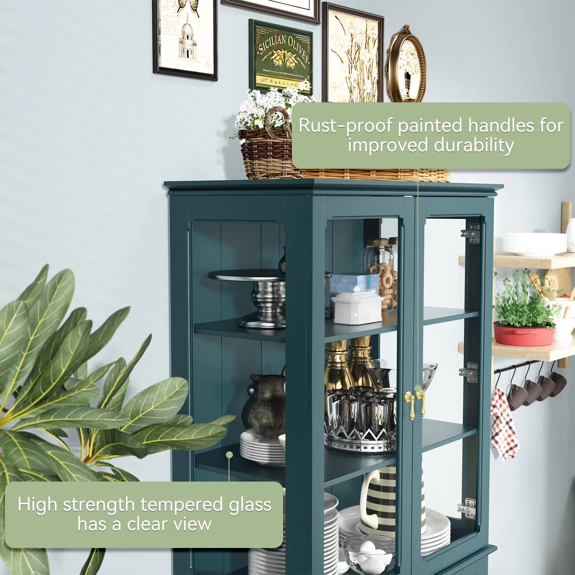 HLR 72" Green Classical Freestanding Pantry Sideboard with Glass Doors & Adjustable Shelves, Tall Storage Cabinet for Kitchen, Living & Dining Rooms