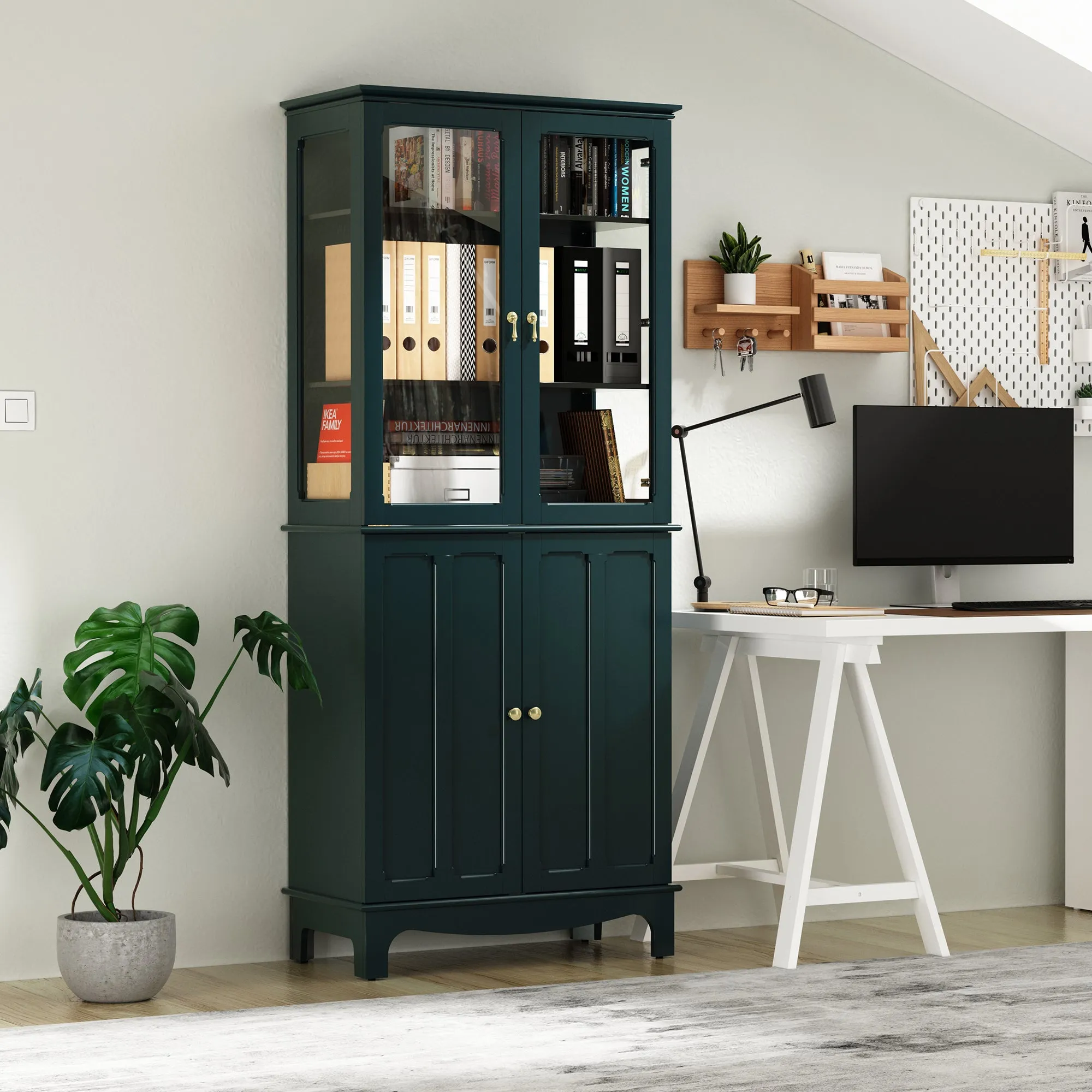 HLR 72" Green Classical Freestanding Pantry Sideboard with Glass Doors & Adjustable Shelves, Tall Storage Cabinet for Kitchen, Living & Dining Rooms