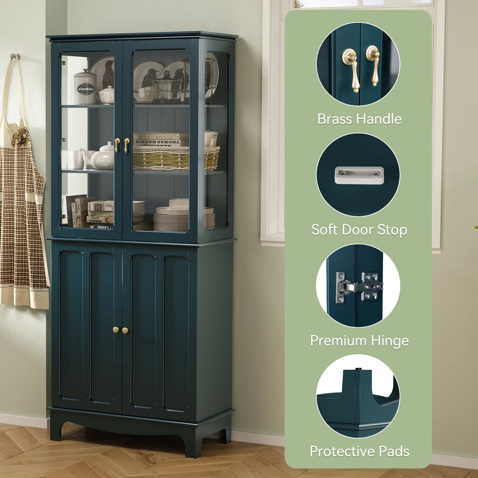 HLR 72" Green Classical Freestanding Pantry Sideboard with Glass Doors & Adjustable Shelves, Tall Storage Cabinet for Kitchen, Living & Dining Rooms