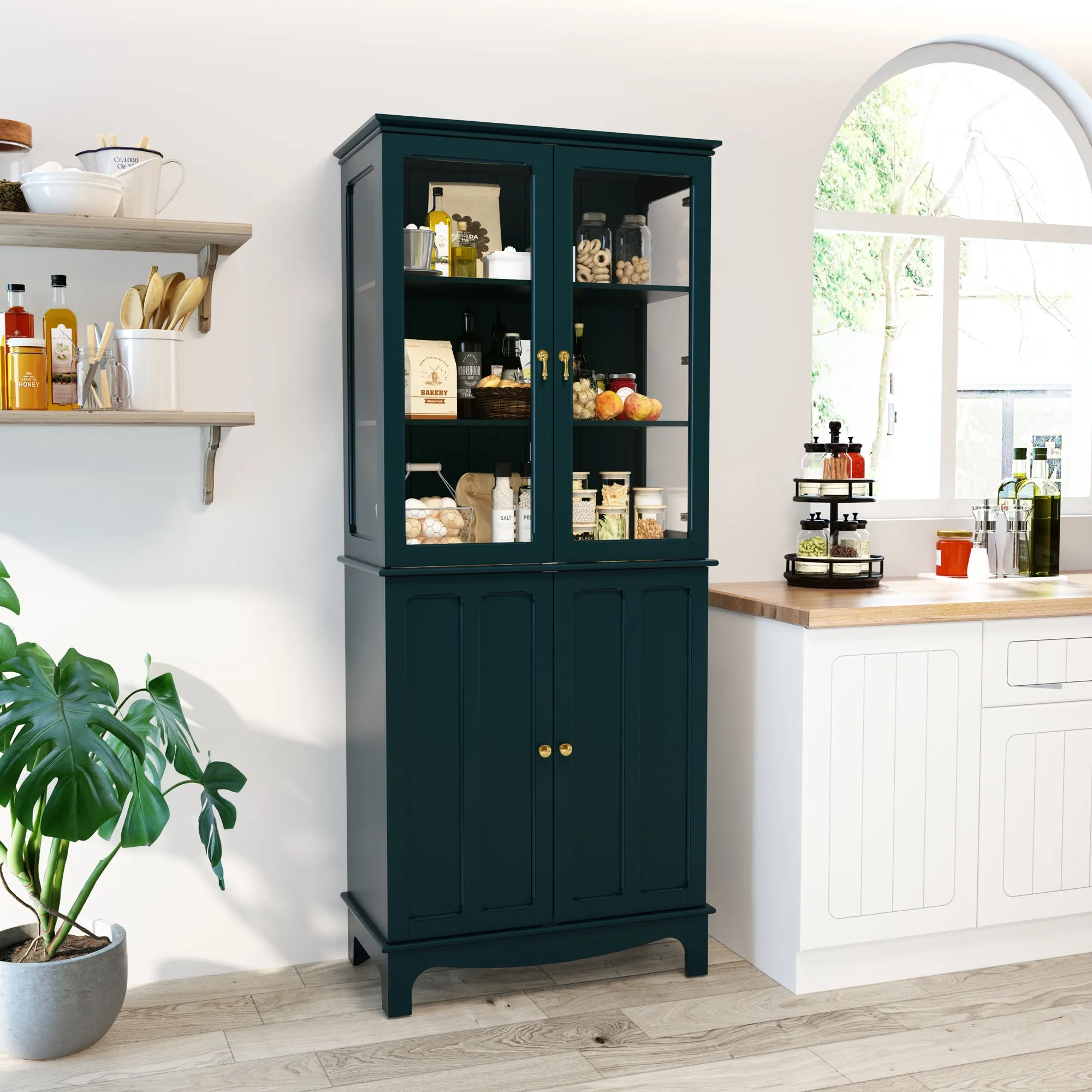 HLR 72" Green Classical Freestanding Pantry Sideboard with Glass Doors & Adjustable Shelves, Tall Storage Cabinet for Kitchen, Living & Dining Rooms