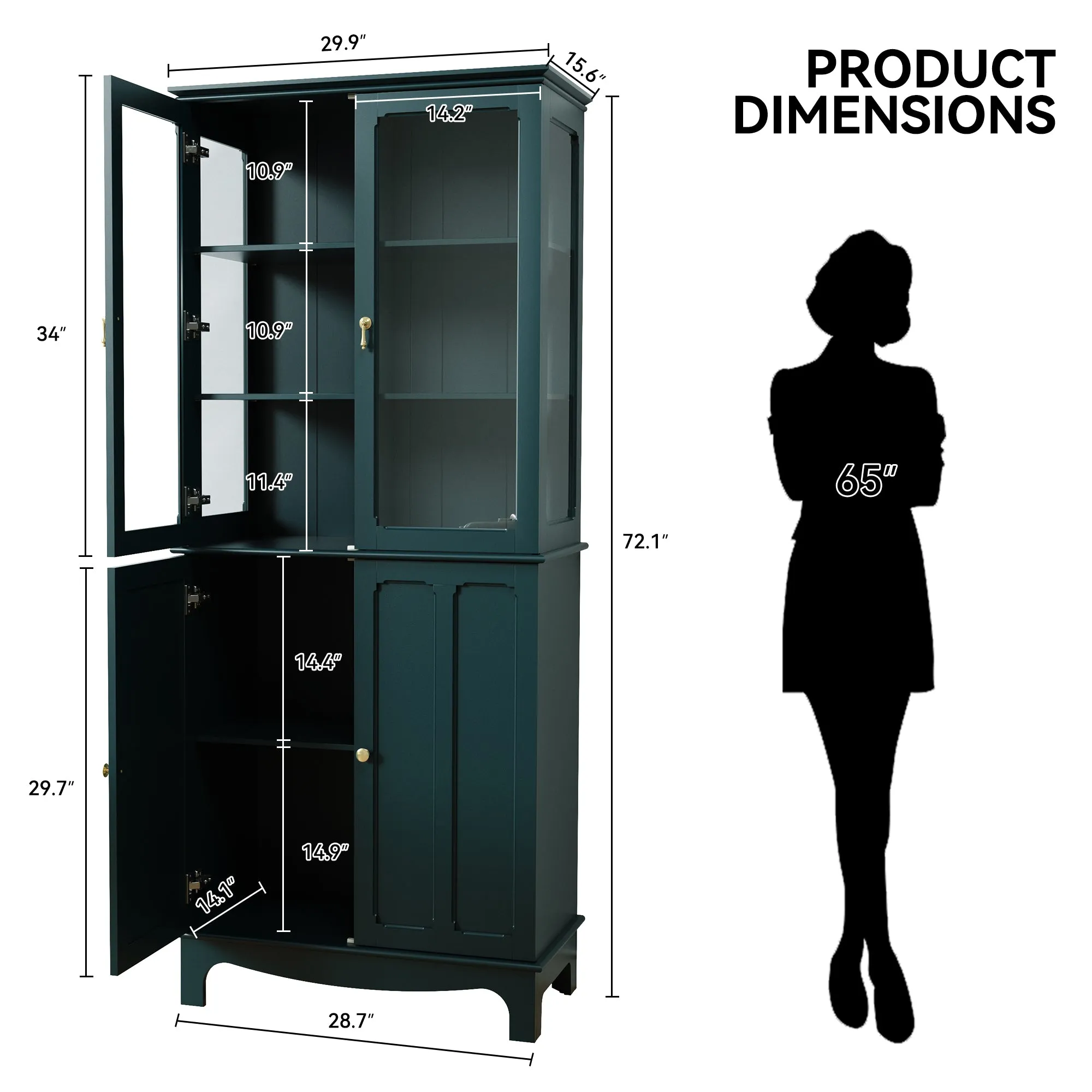 HLR 72" Green Classical Freestanding Pantry Sideboard with Glass Doors & Adjustable Shelves, Tall Storage Cabinet for Kitchen, Living & Dining Rooms