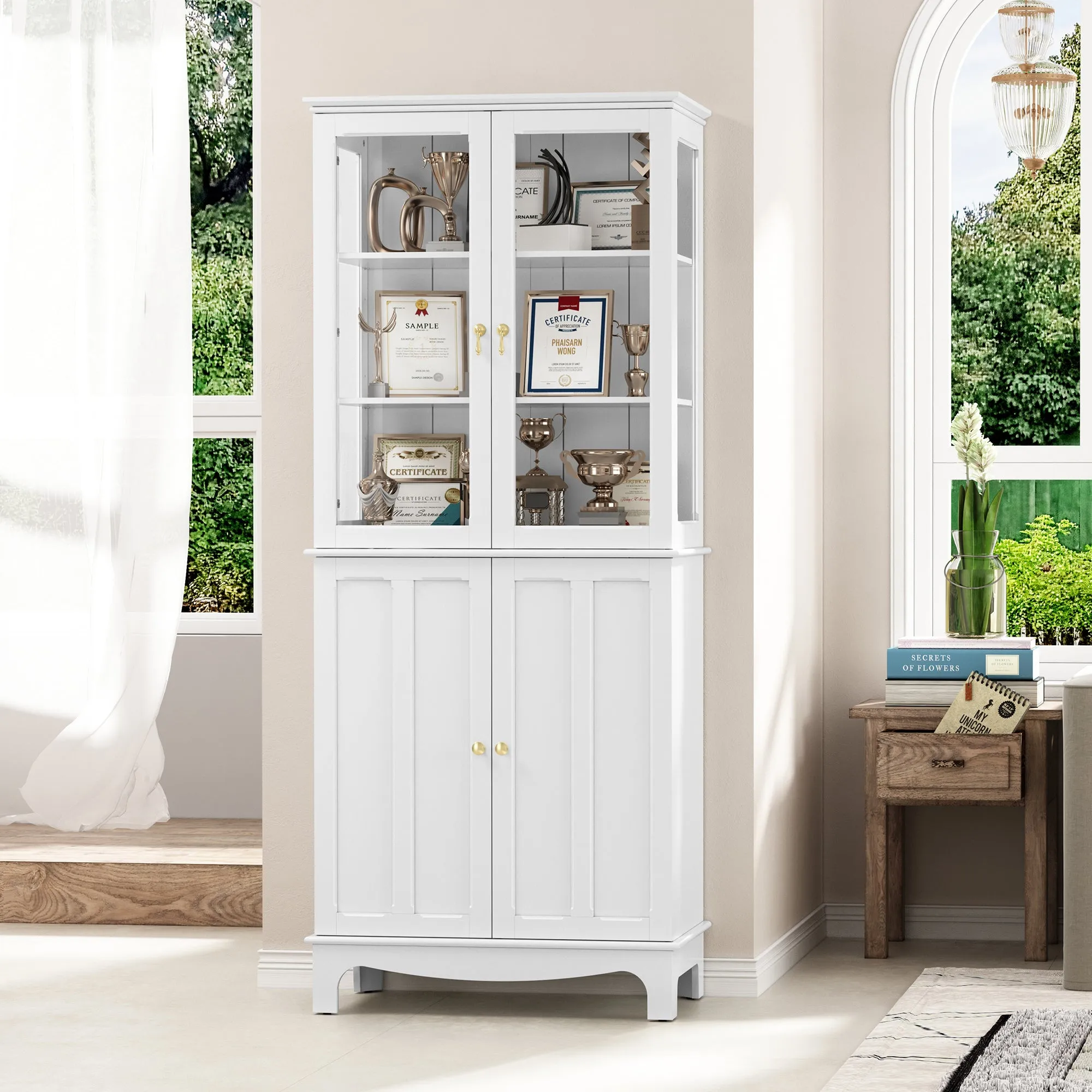 HLR 72" Green Classical Freestanding Pantry Sideboard with Glass Doors & Adjustable Shelves, Tall Storage Cabinet for Kitchen, Living & Dining Rooms