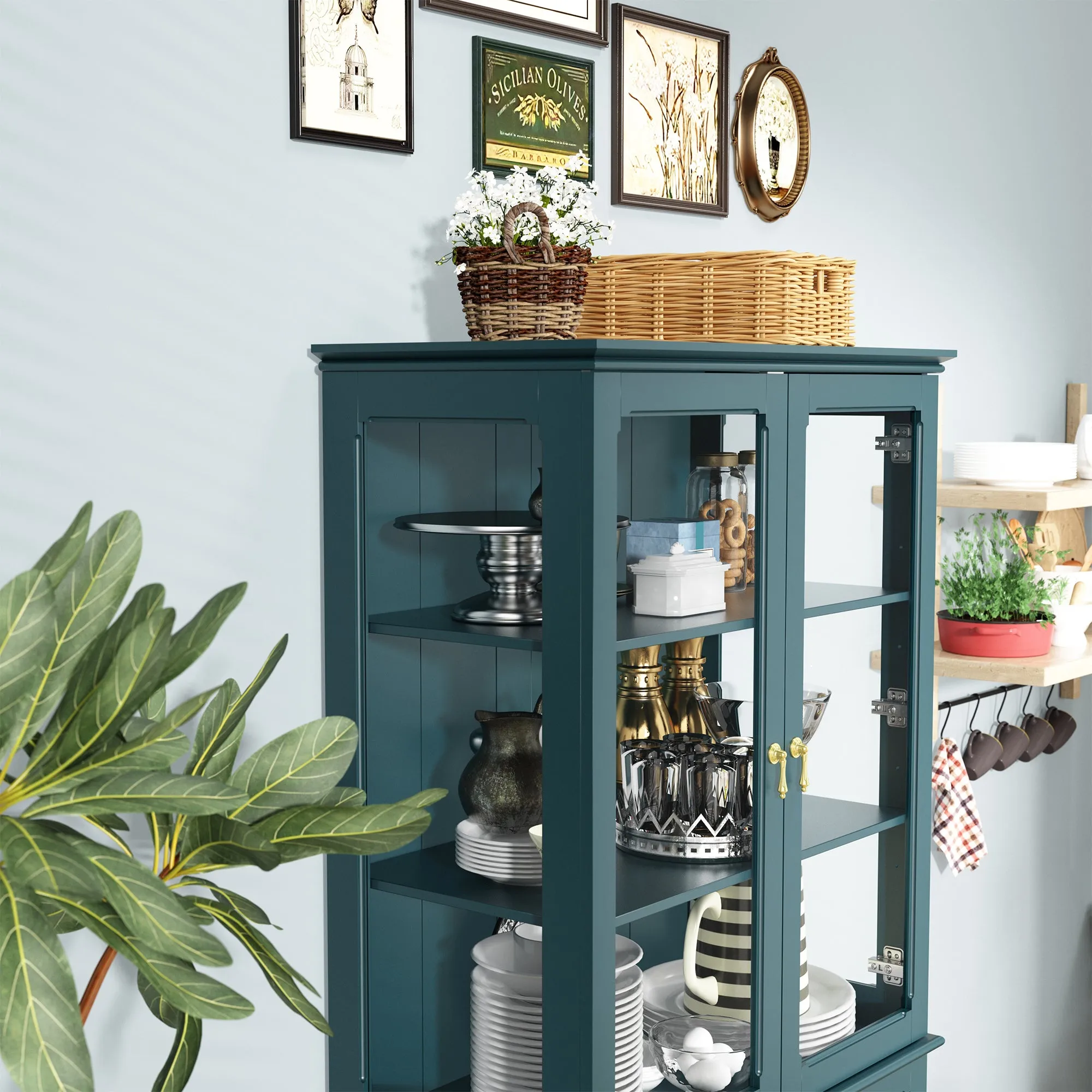 HLR 72" Green Classical Freestanding Pantry Sideboard with Glass Doors & Adjustable Shelves, Tall Storage Cabinet for Kitchen, Living & Dining Rooms
