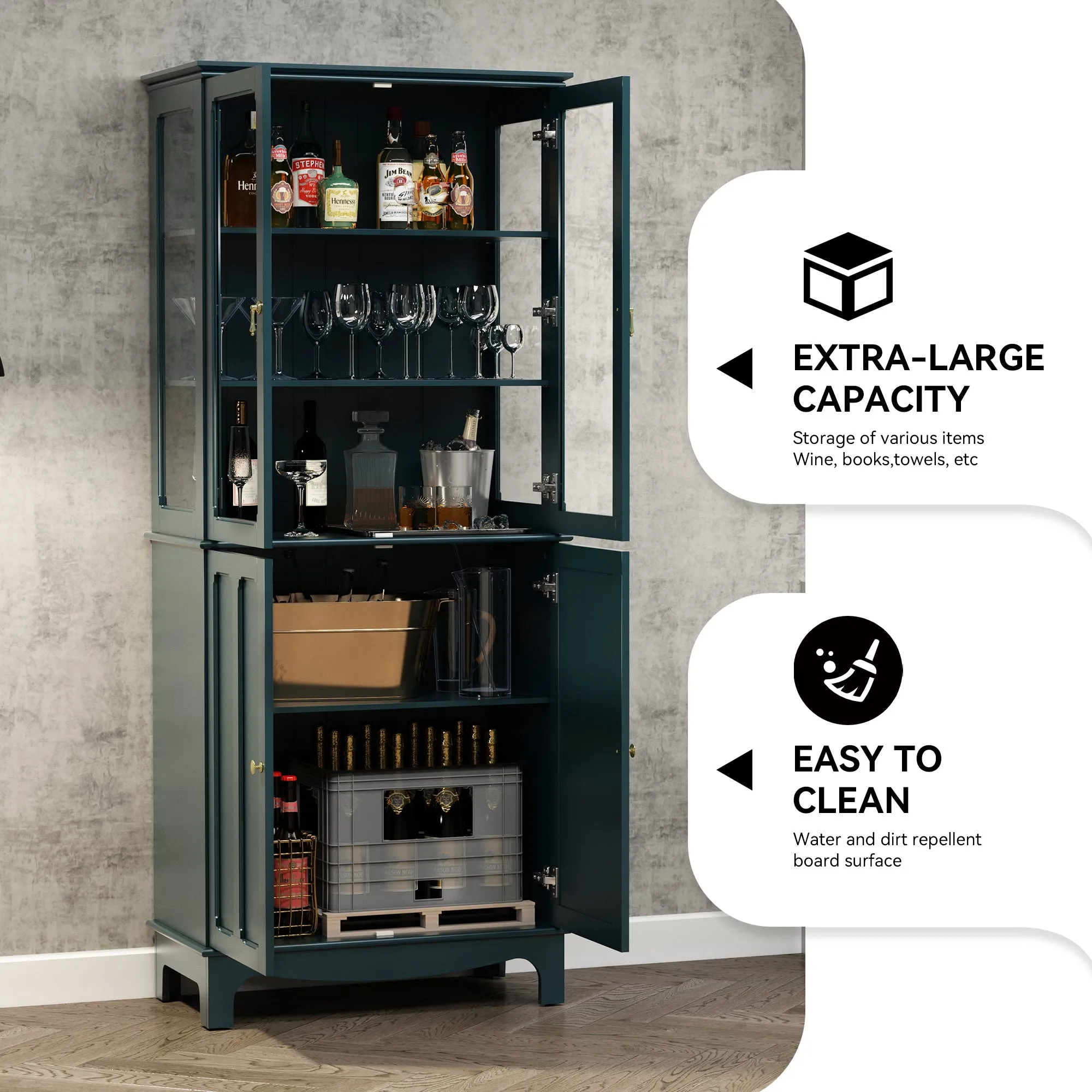 HLR 72" Green Classical Freestanding Pantry Sideboard with Glass Doors & Adjustable Shelves, Tall Storage Cabinet for Kitchen, Living & Dining Rooms